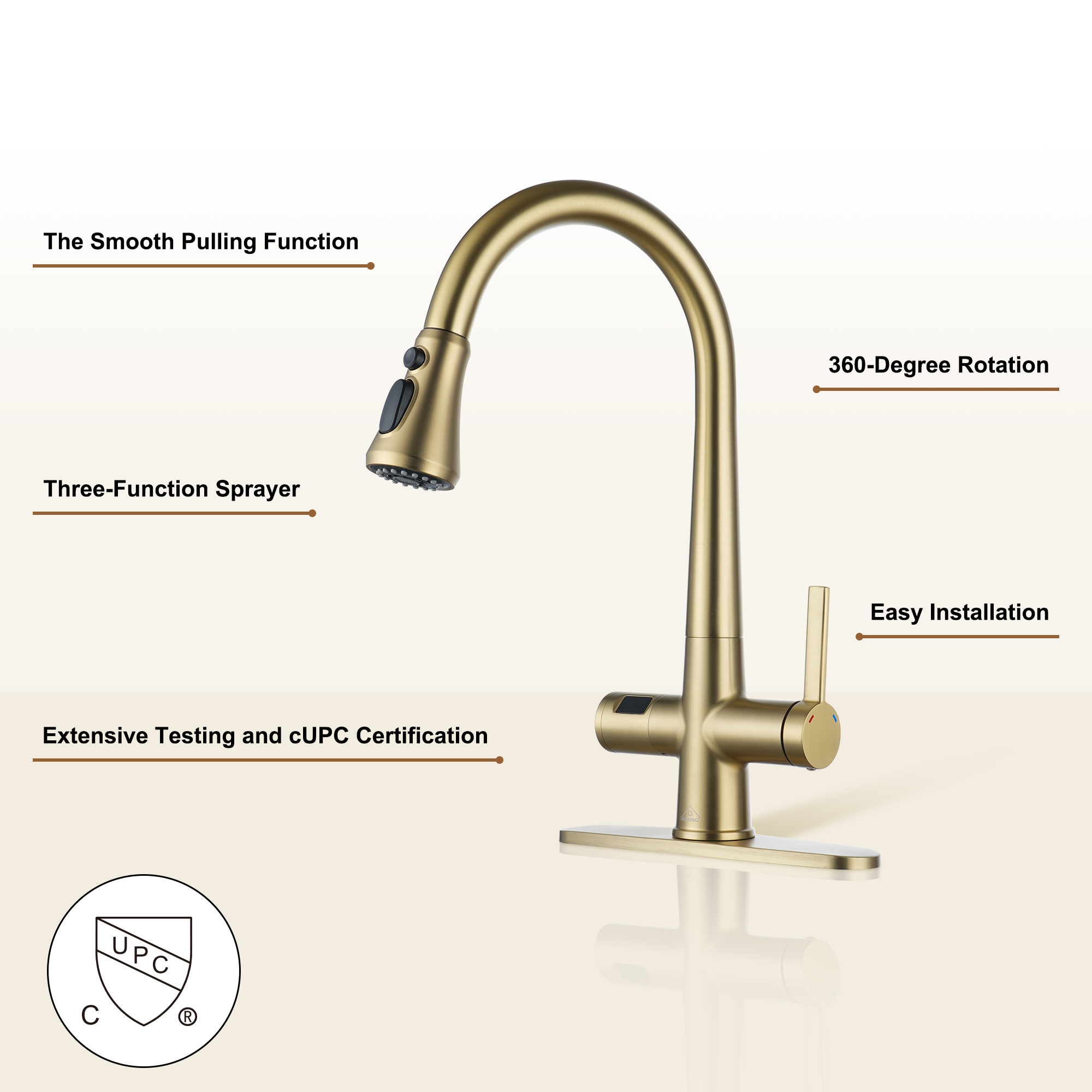 3-Spray Patterns Single Handle Pull Down Sprayer Kitchen Faucet with Deckplate and Water Supply Hoses in Brushed Gold/Brushed Nickel/Matte Black