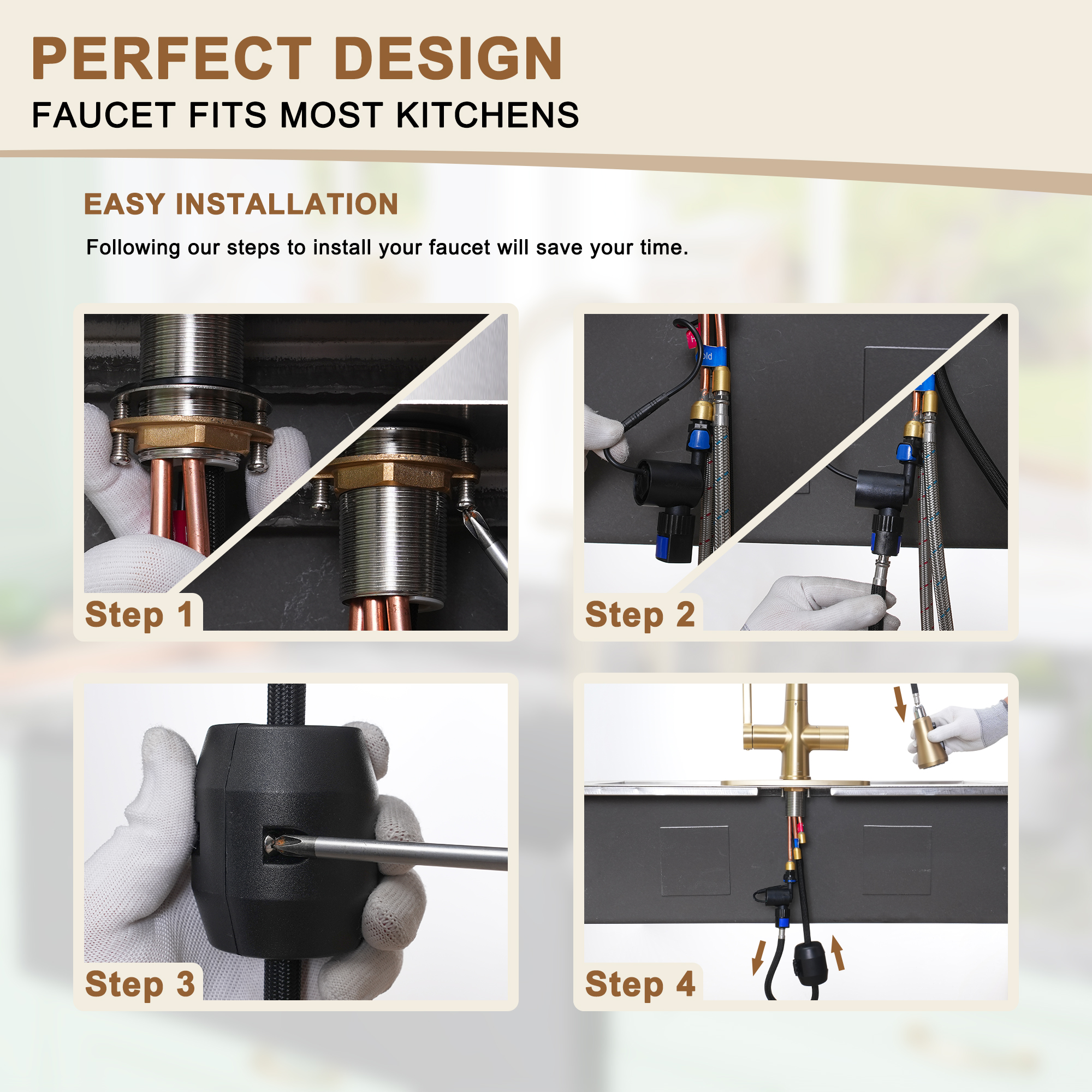 3-Spray Patterns Single Handle Pull Down Sprayer Kitchen Faucet with Deckplate and Water Supply Hoses in Brushed Gold/Brushed Nickel/Matte Black