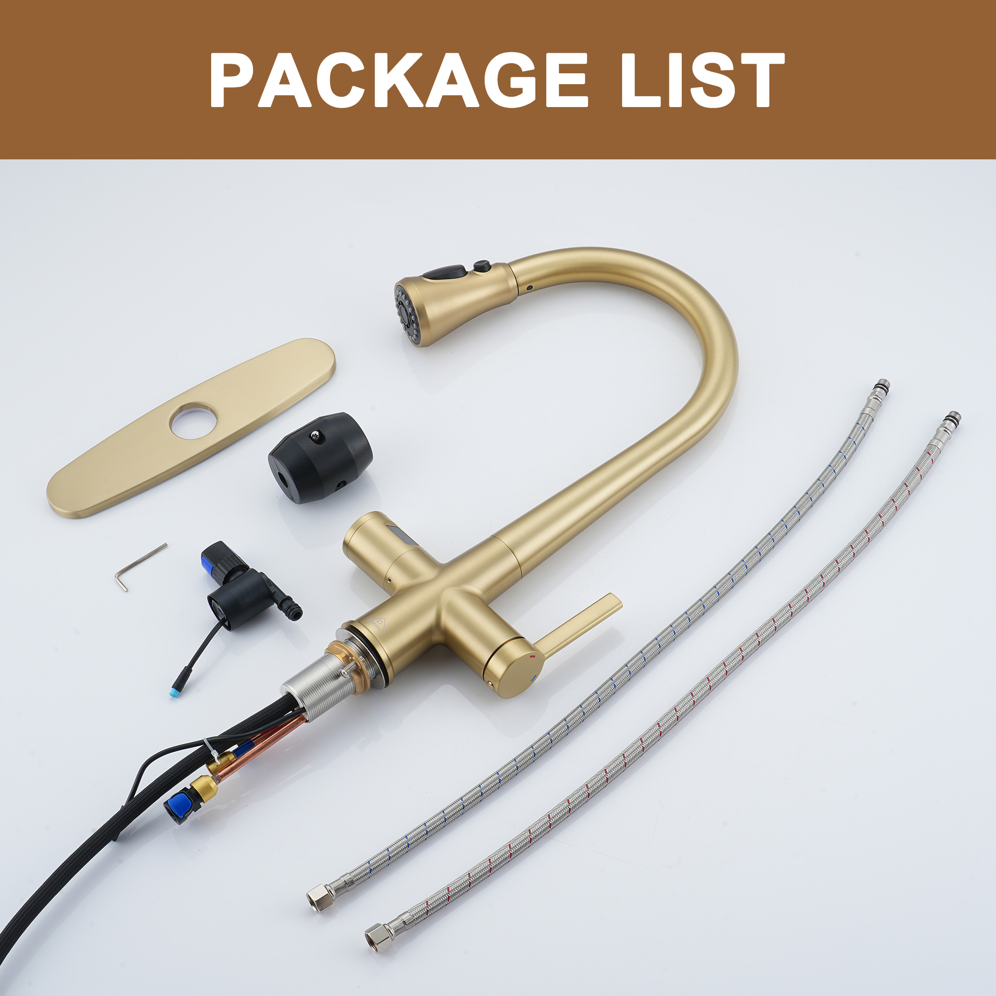 3-Spray Patterns Single Handle Pull Down Sprayer Kitchen Faucet with Deckplate and Water Supply Hoses in Brushed Gold/Brushed Nickel/Matte Black