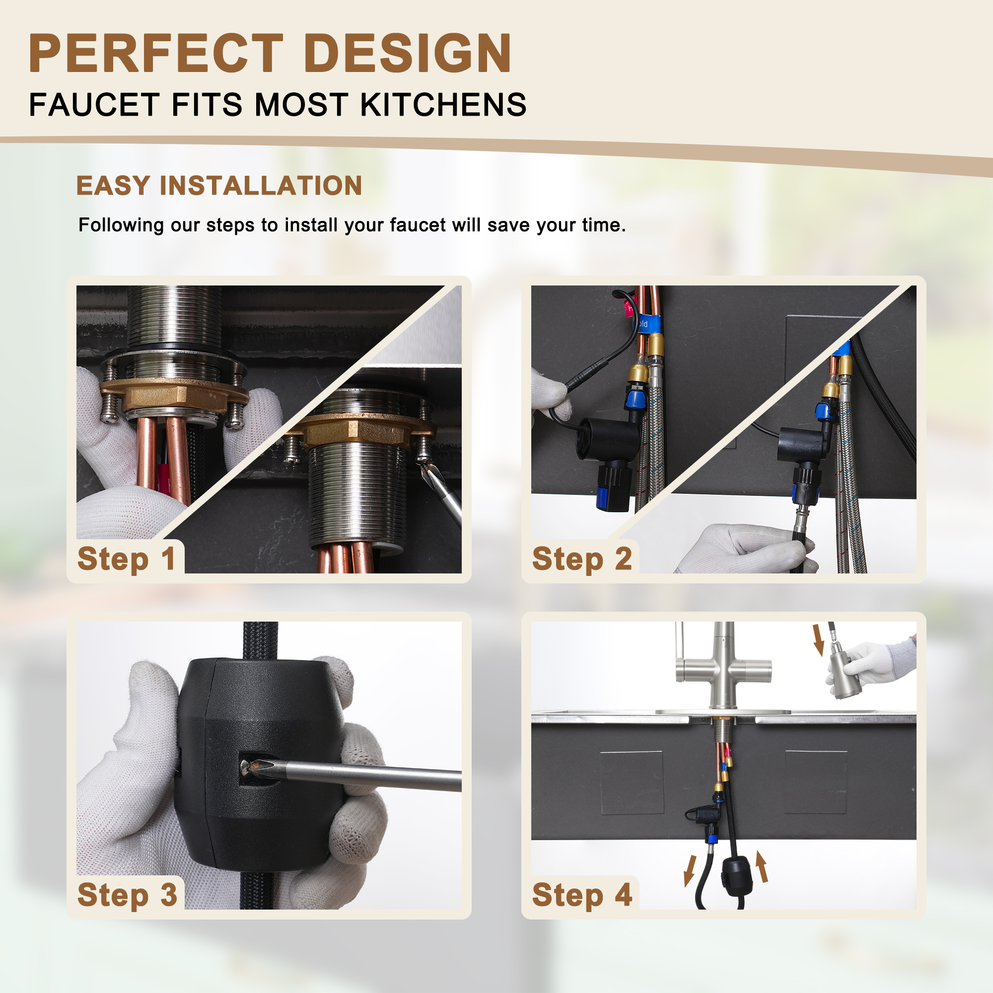 3-Spray Patterns Single Handle Pull Down Sprayer Kitchen Faucet with Deckplate and Water Supply Hoses in Brushed Gold/Brushed Nickel/Matte Black