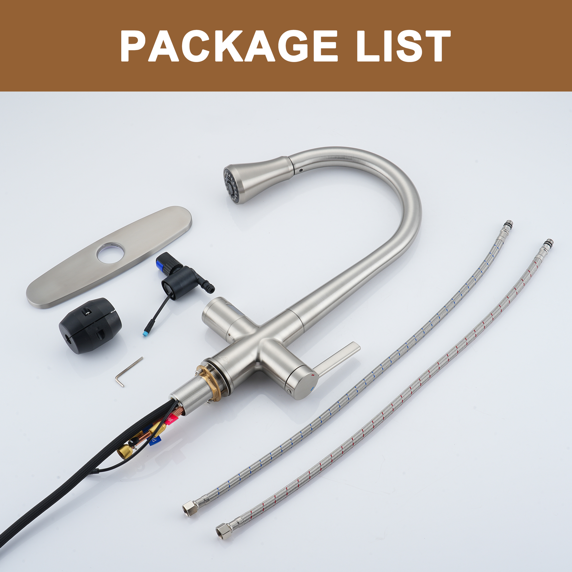 3-Spray Patterns Single Handle Pull Down Sprayer Kitchen Faucet with Deckplate and Water Supply Hoses in Brushed Gold/Brushed Nickel/Matte Black