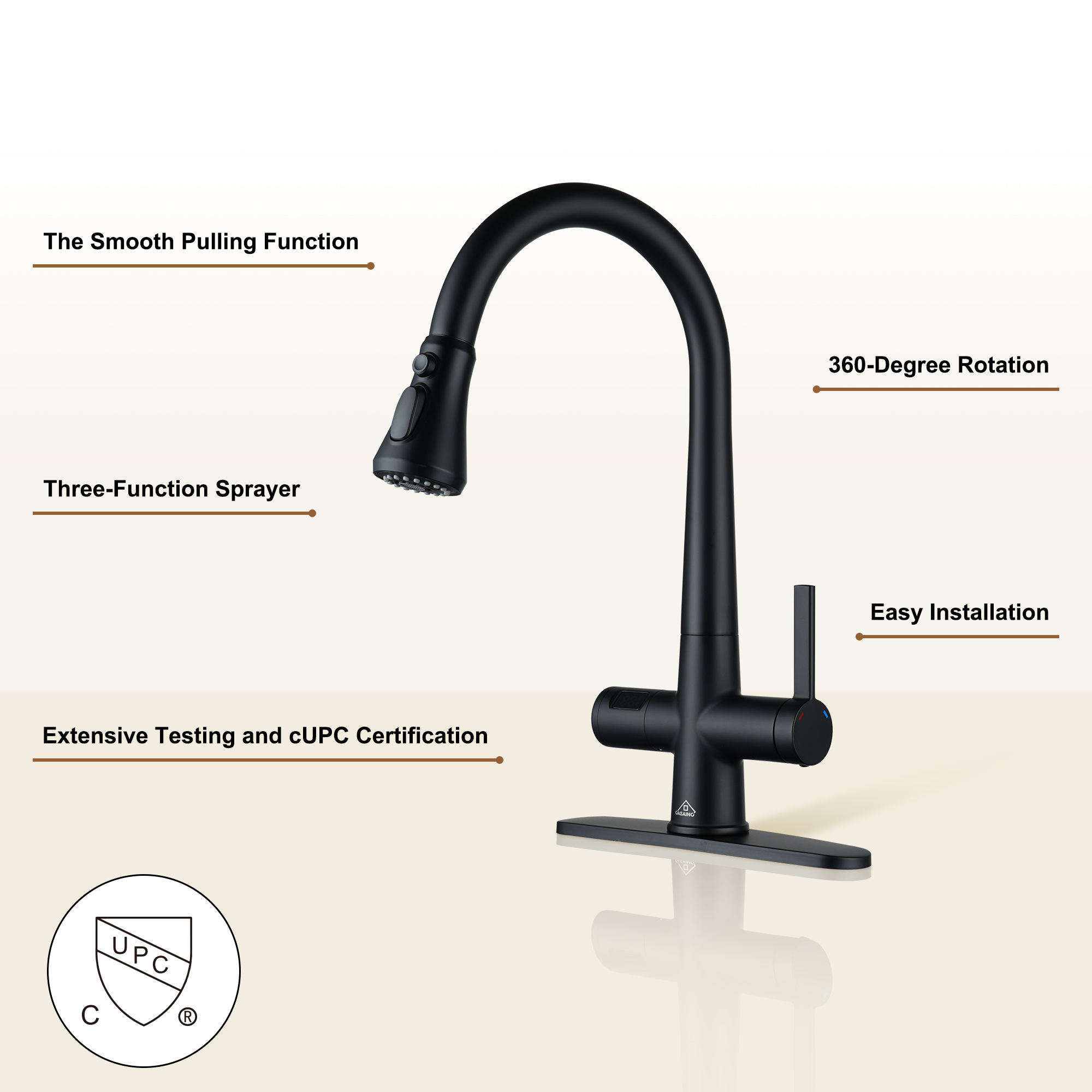 3-Spray Patterns Single Handle Pull Down Sprayer Kitchen Faucet with Deckplate and Water Supply Hoses in Brushed Gold/Brushed Nickel/Matte Black