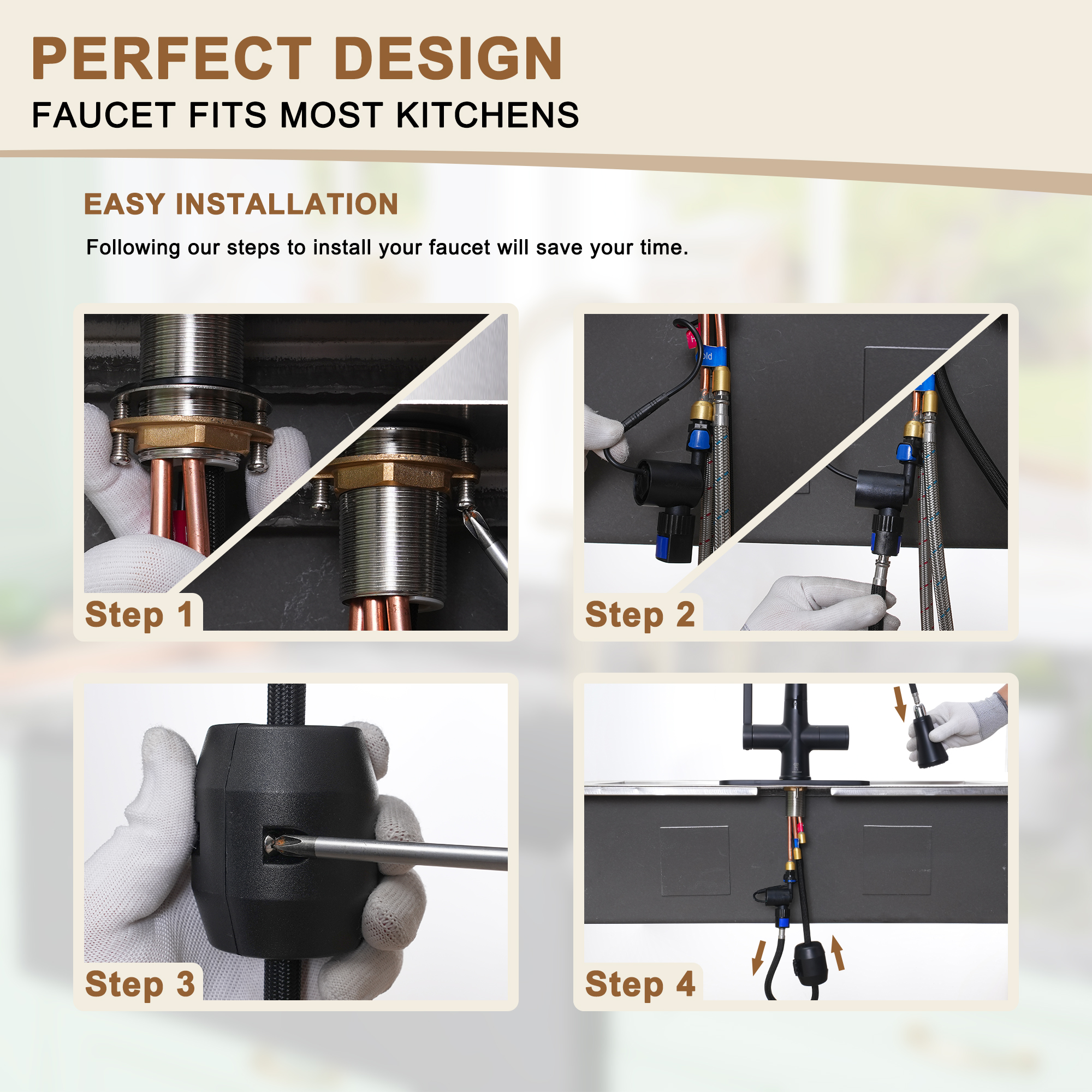 3-Spray Patterns Single Handle Pull Down Sprayer Kitchen Faucet with Deckplate and Water Supply Hoses in Brushed Gold/Brushed Nickel/Matte Black