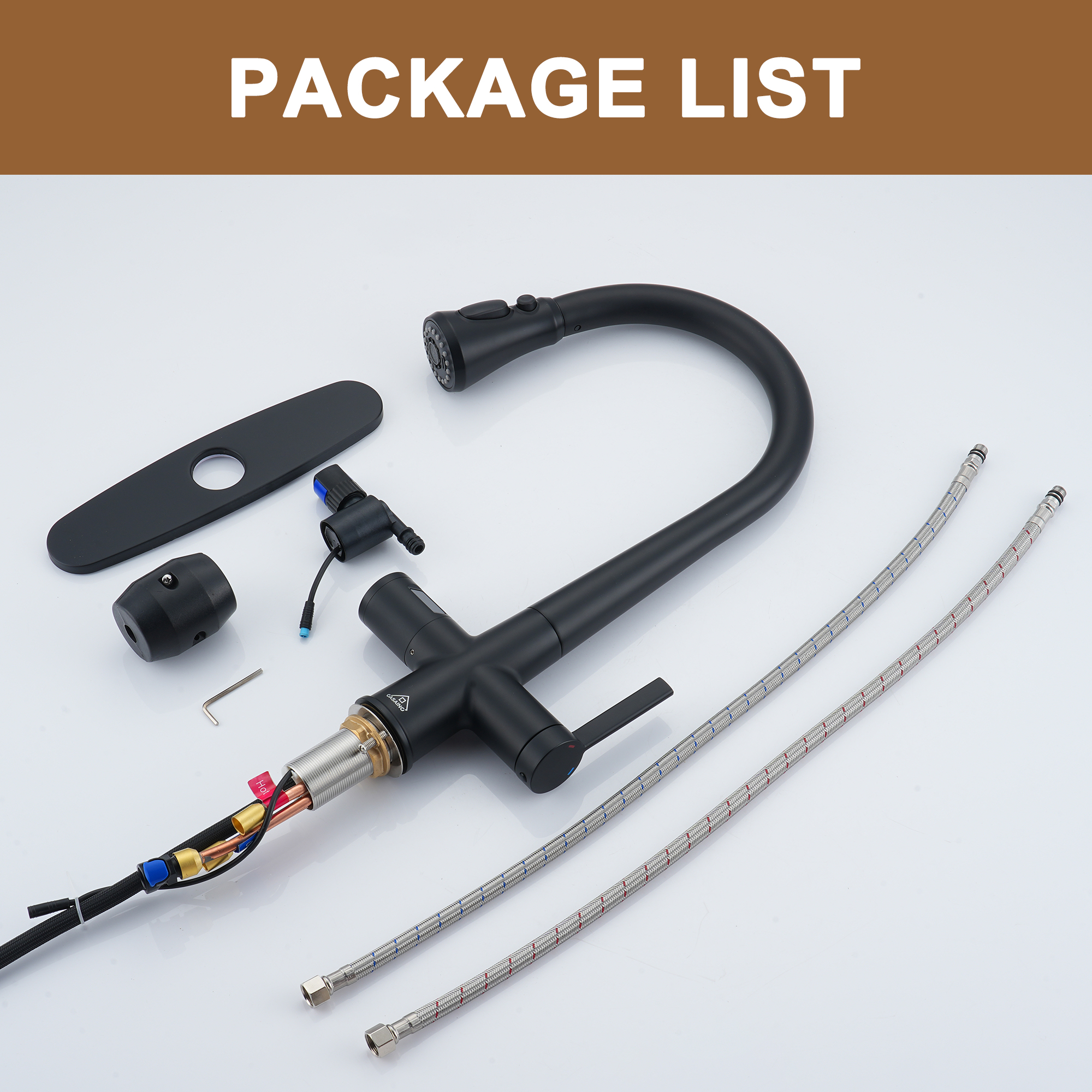 3-Spray Patterns Single Handle Pull Down Sprayer Kitchen Faucet with Deckplate and Water Supply Hoses in Brushed Gold/Brushed Nickel/Matte Black