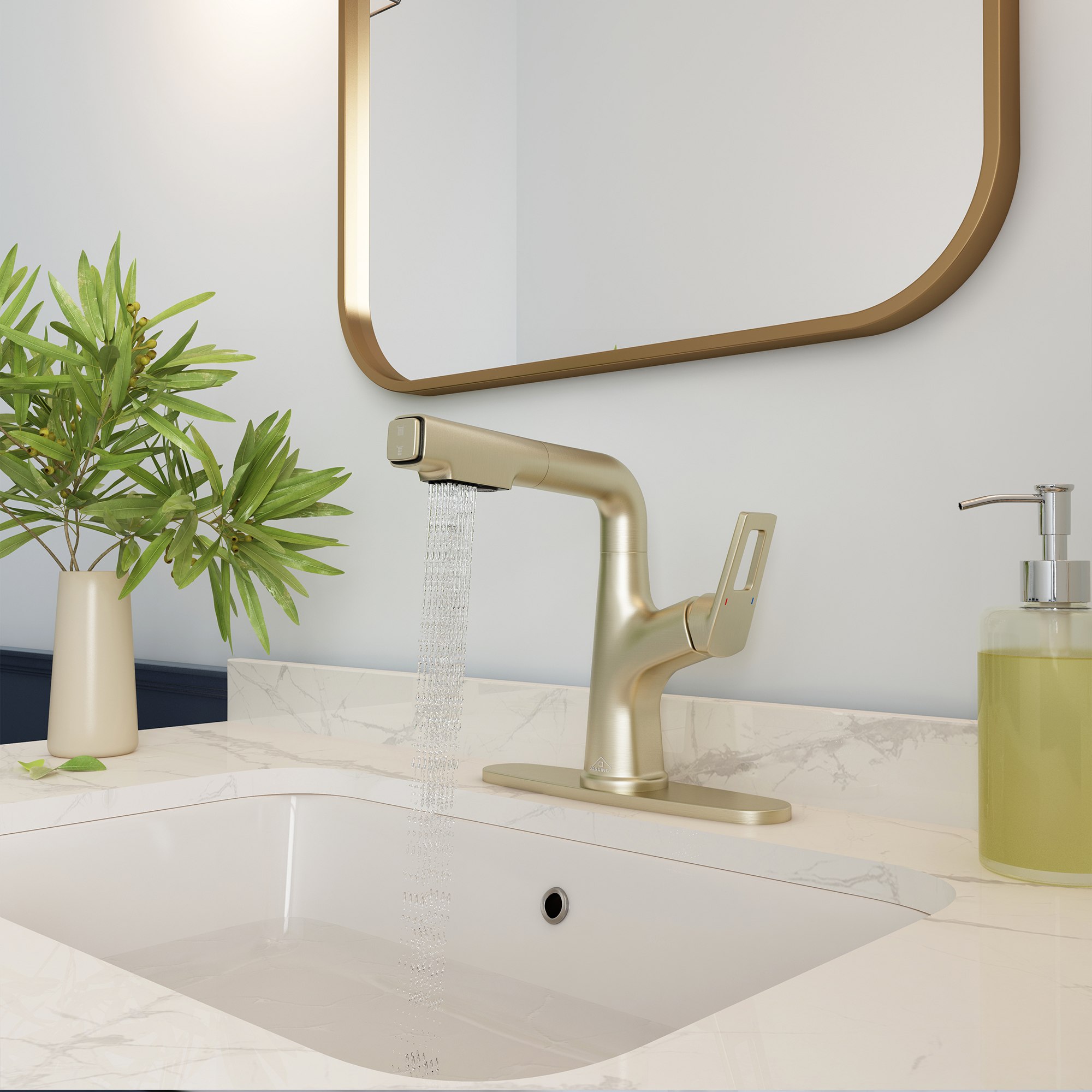 Single Handle Single Hole Bathroom Faucet with Pull-Out Sprayer and Deckplate included in Brushed Gold/Matte Black/Matte White