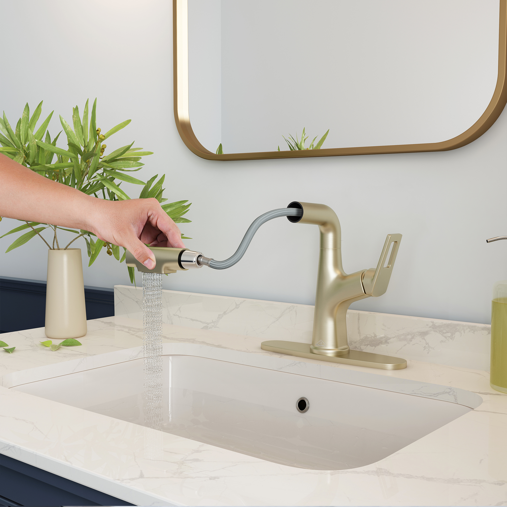 Single Handle Single Hole Bathroom Faucet with Pull-Out Sprayer and Deckplate included in Brushed Gold/Matte Black/Matte White