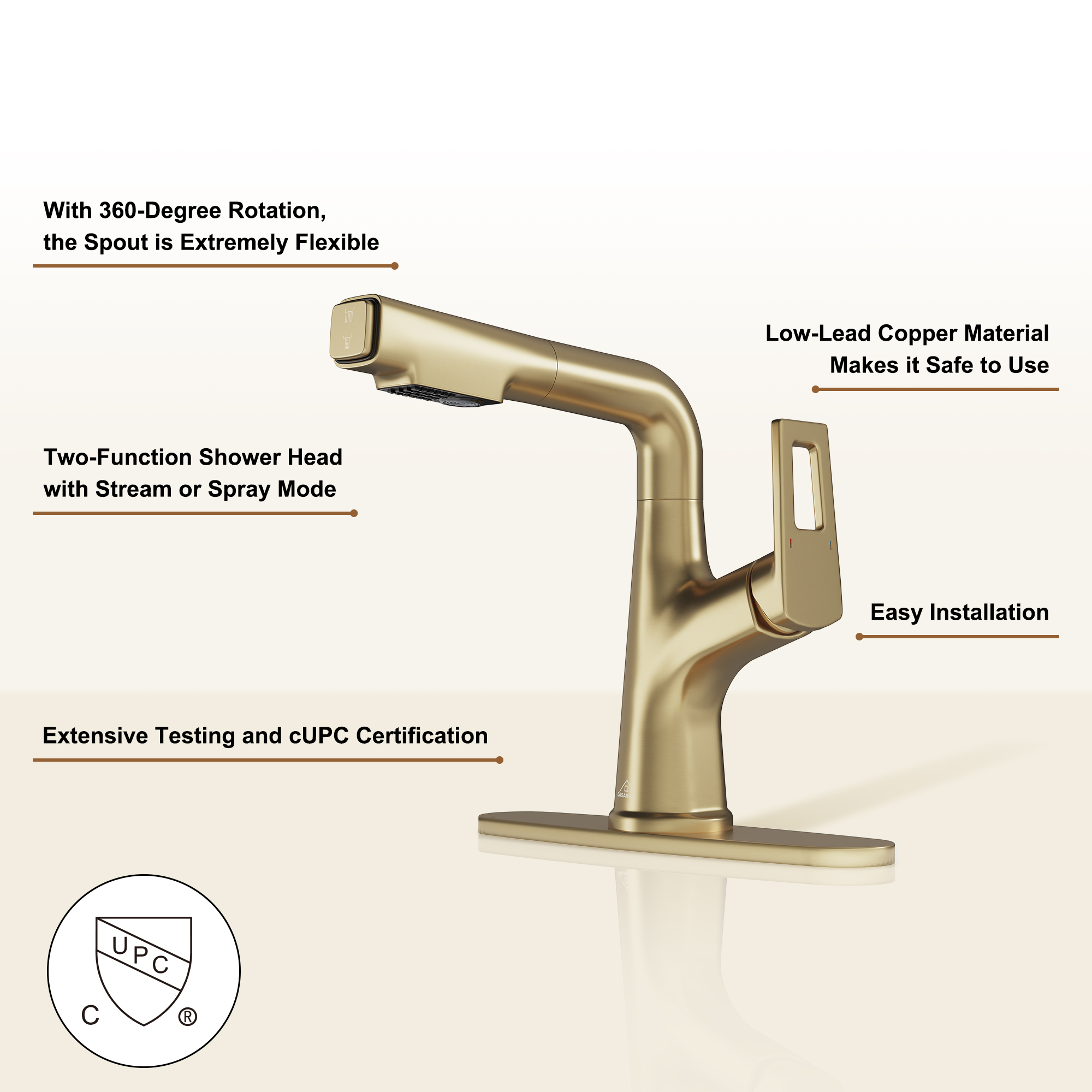 Single Handle Single Hole Bathroom Faucet with Pull-Out Sprayer and Deckplate included in Brushed Gold/Matte Black/Matte White