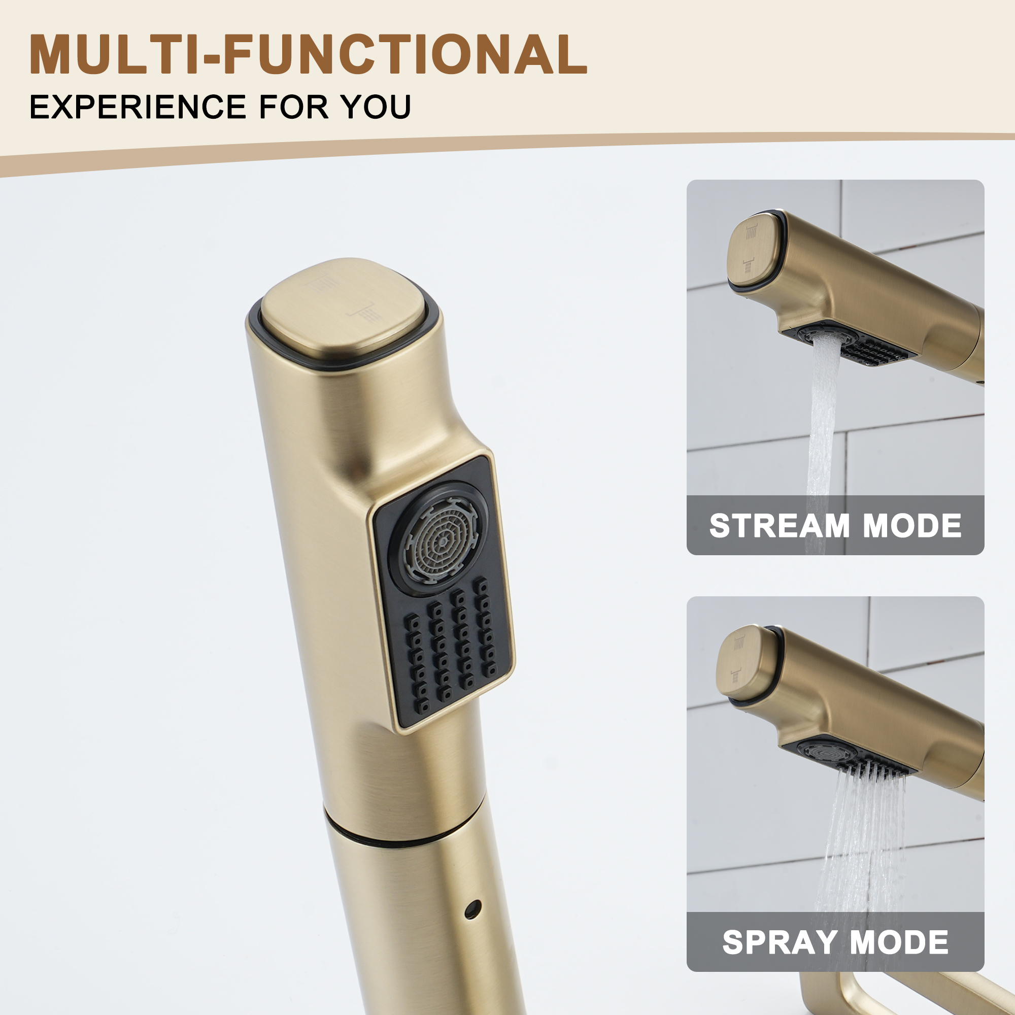 Single Handle Single Hole Bathroom Faucet with Pull-Out Sprayer and Deckplate included in Brushed Gold/Matte Black/Matte White