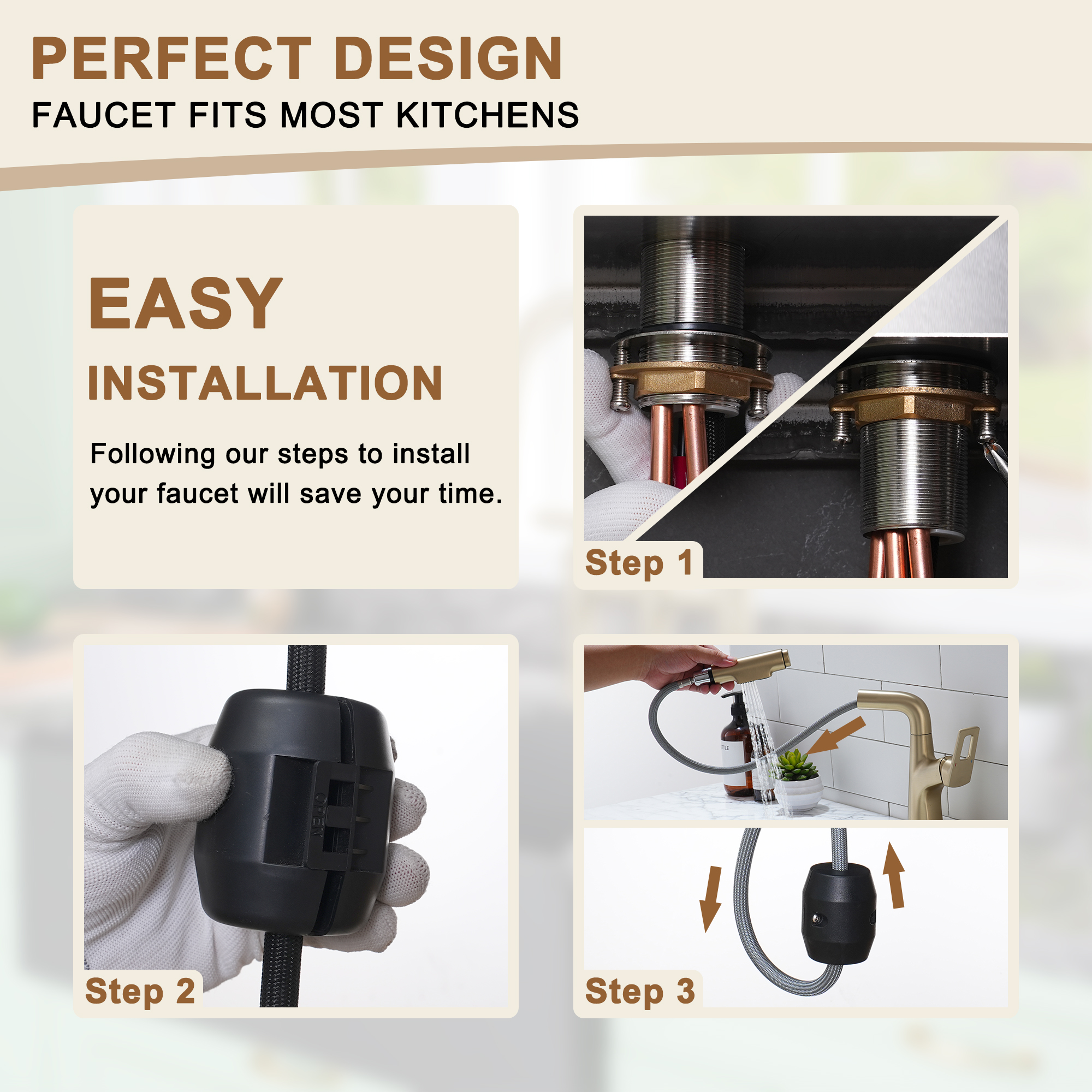 Single Handle Single Hole Bathroom Faucet with Pull-Out Sprayer and Deckplate included in Brushed Gold/Matte Black/Matte White