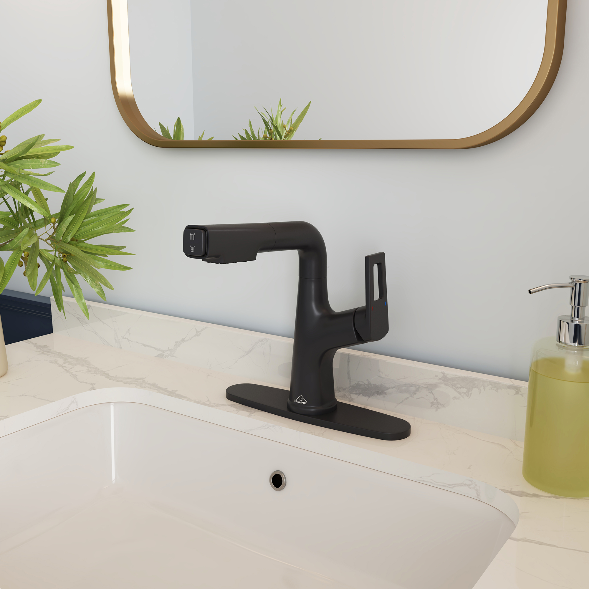 Single Handle Single Hole Bathroom Faucet with Pull-Out Sprayer and Deckplate included in Brushed Gold/Matte Black/Matte White