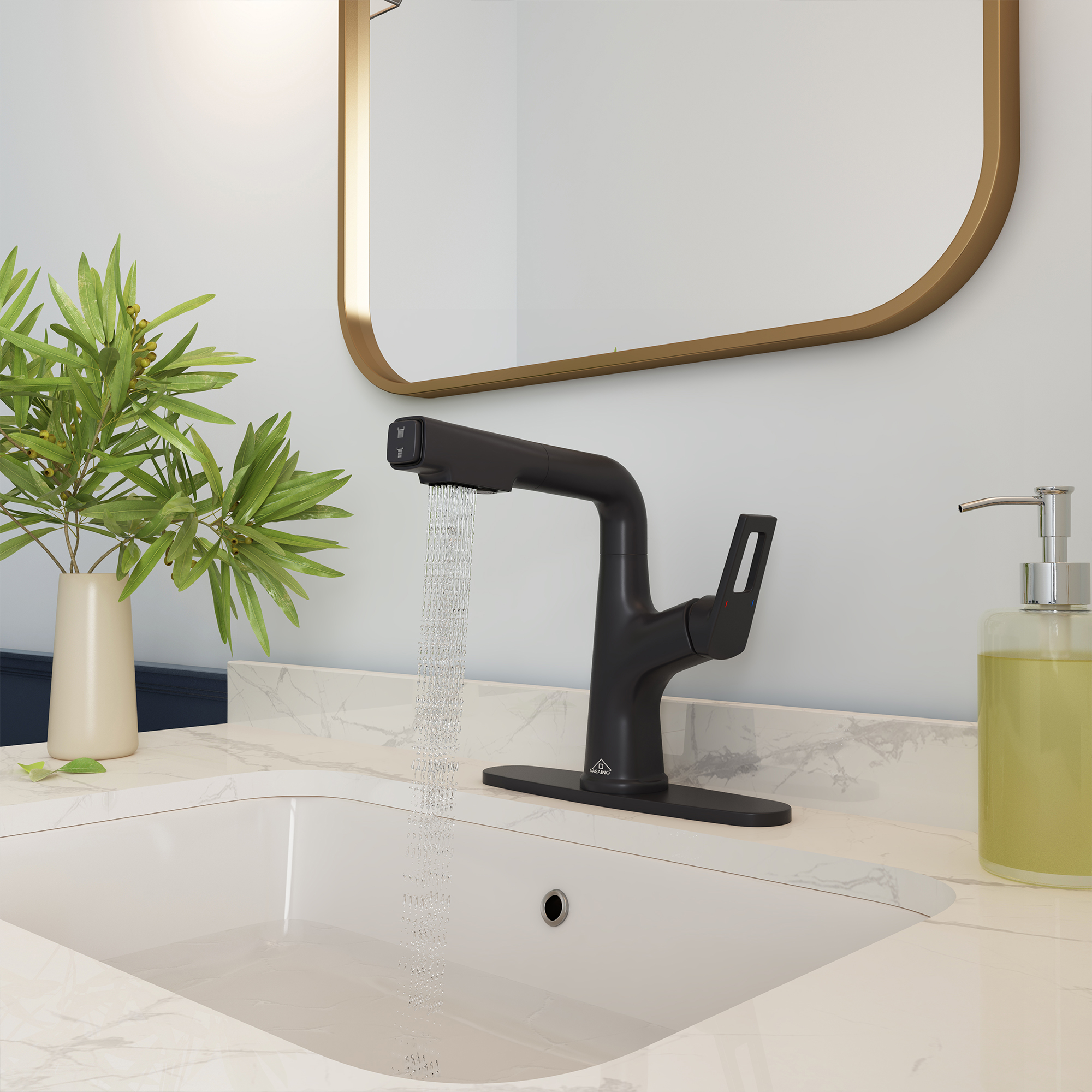 Single Handle Single Hole Bathroom Faucet with Pull-Out Sprayer and Deckplate included in Brushed Gold/Matte Black/Matte White