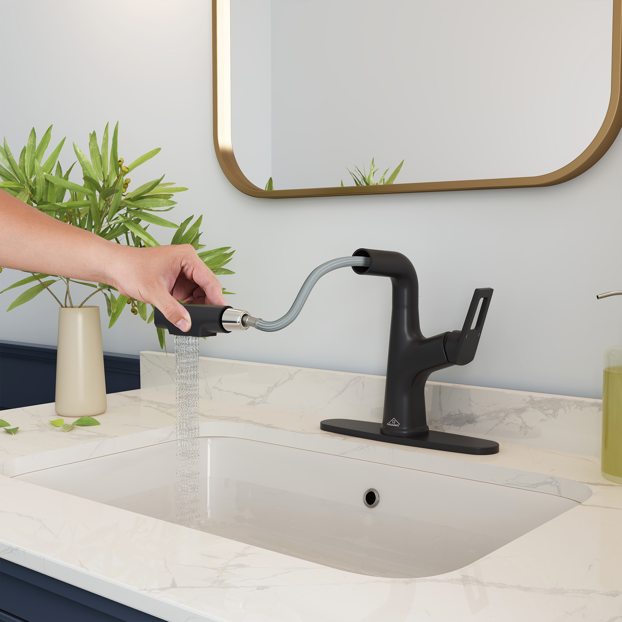 Single Handle Single Hole Bathroom Faucet with Pull-Out Sprayer and Deckplate included in Brushed Gold/Matte Black/Matte White