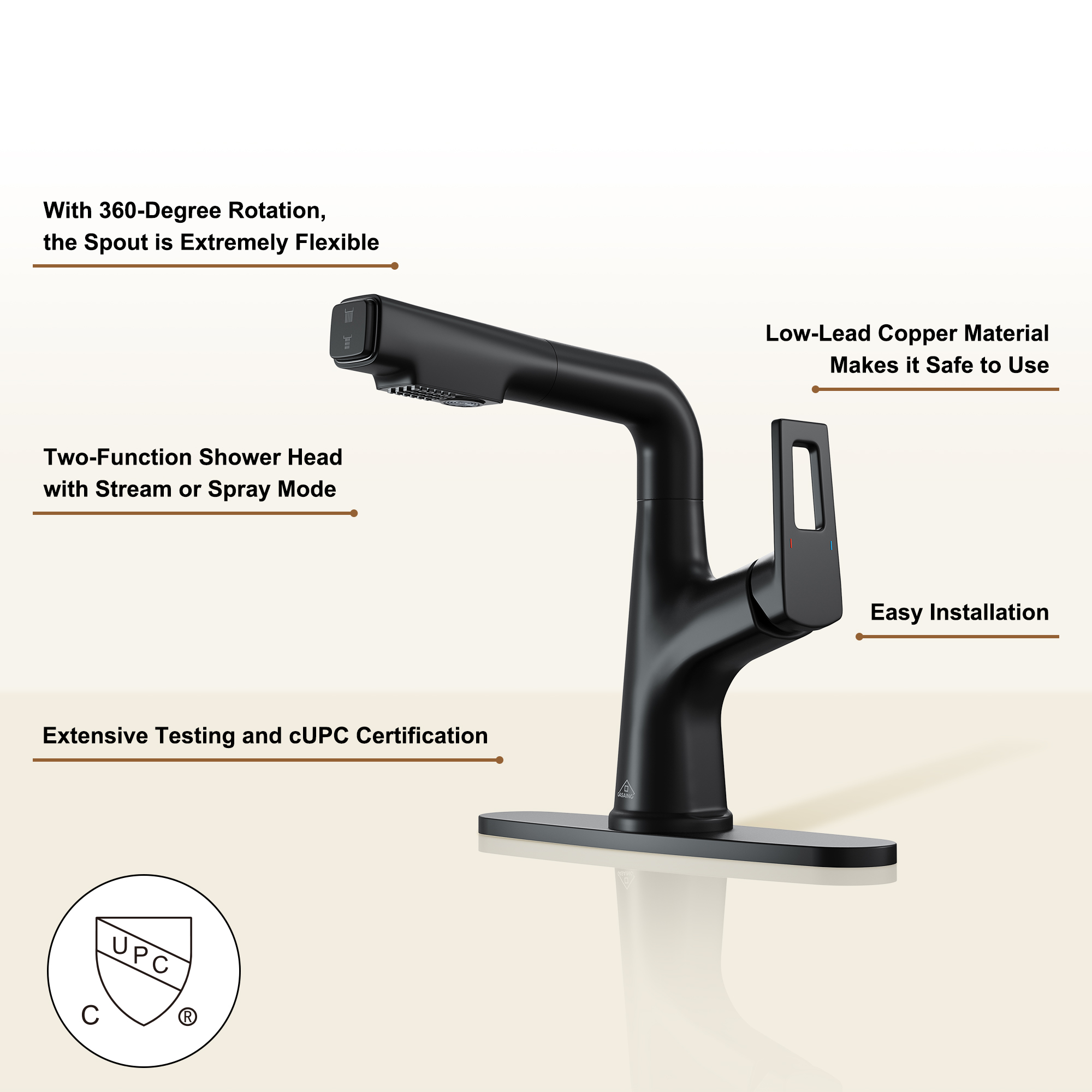 Single Handle Single Hole Bathroom Faucet with Pull-Out Sprayer and Deckplate included in Brushed Gold/Matte Black/Matte White