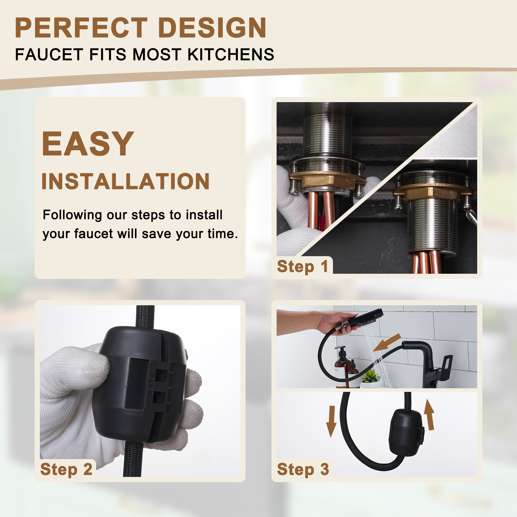 Single Handle Single Hole Bathroom Faucet with Pull-Out Sprayer and Deckplate included in Brushed Gold/Matte Black/Matte White