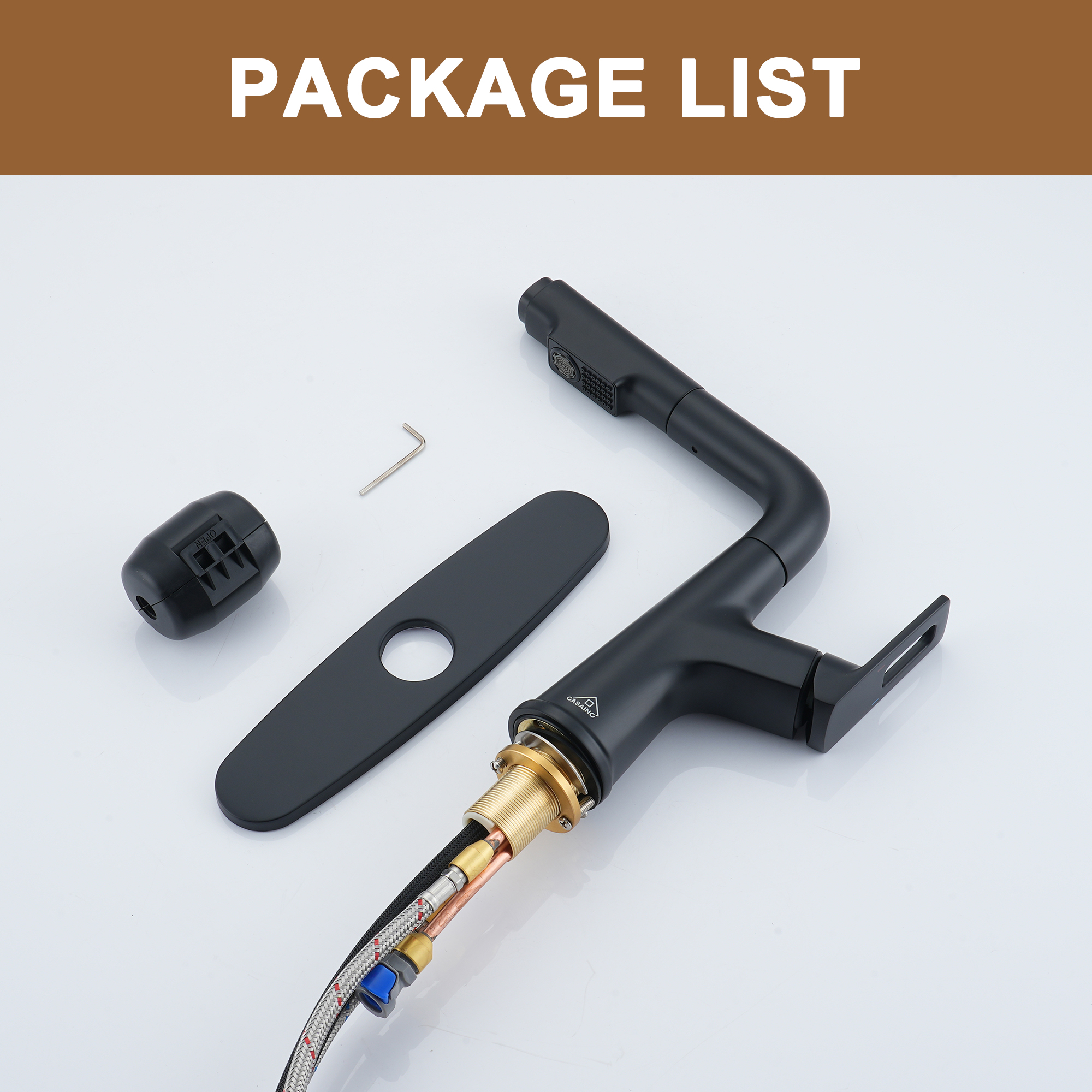 Single Handle Single Hole Bathroom Faucet with Pull-Out Sprayer and Deckplate included in Brushed Gold/Matte Black/Matte White