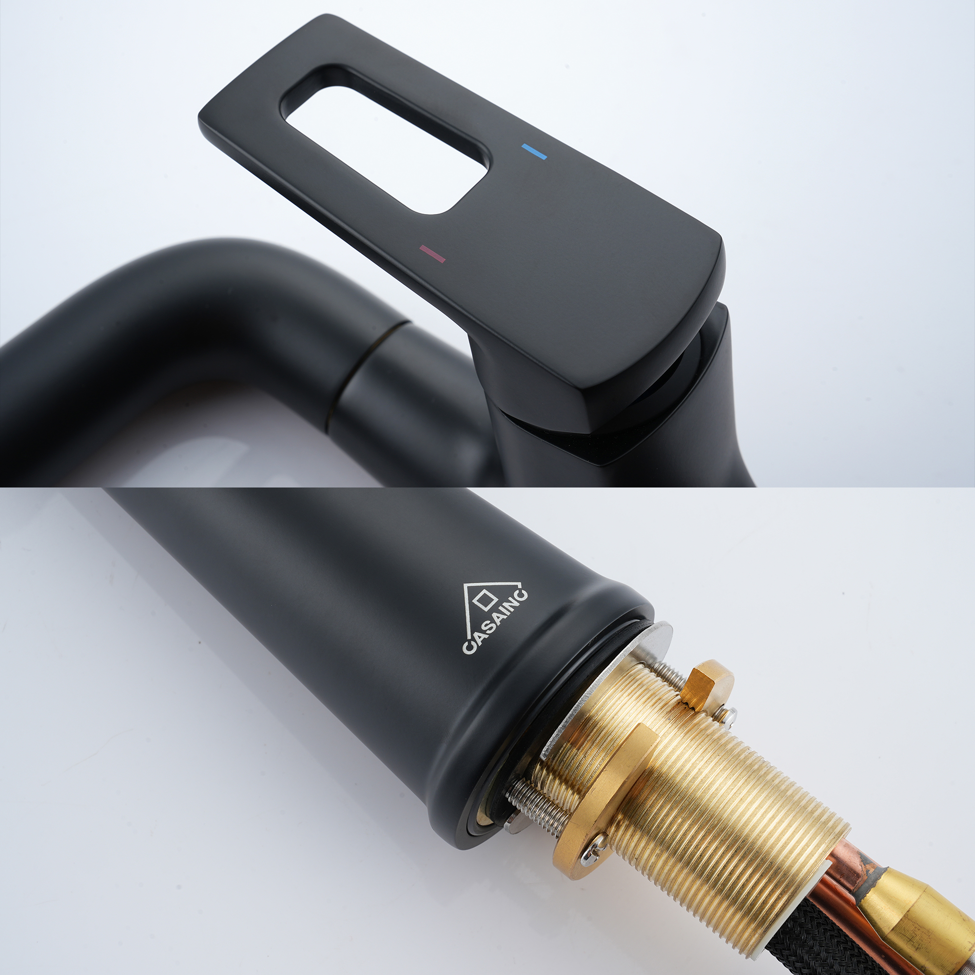 Single Handle Single Hole Bathroom Faucet with Pull-Out Sprayer and Deckplate included in Brushed Gold/Matte Black/Matte White