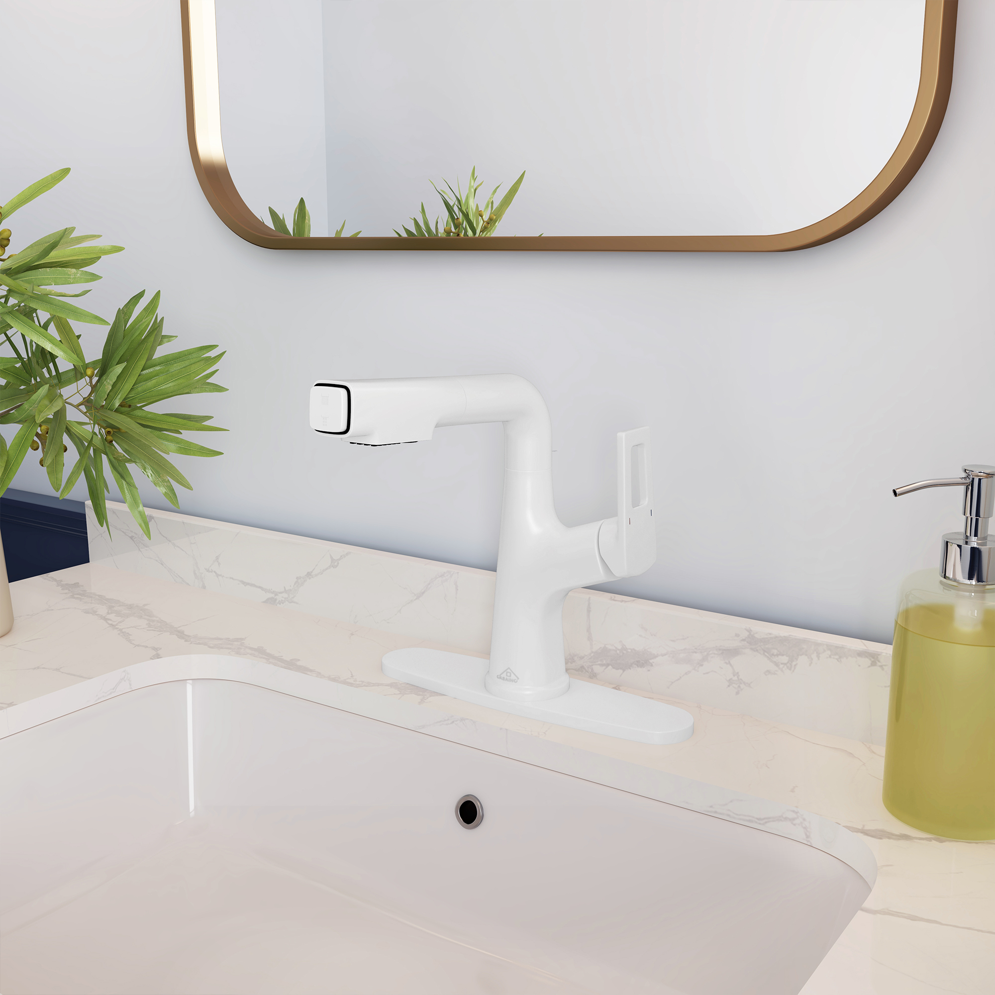 Single Handle Single Hole Bathroom Faucet with Pull-Out Sprayer and Deckplate included in Brushed Gold/Matte Black/Matte White