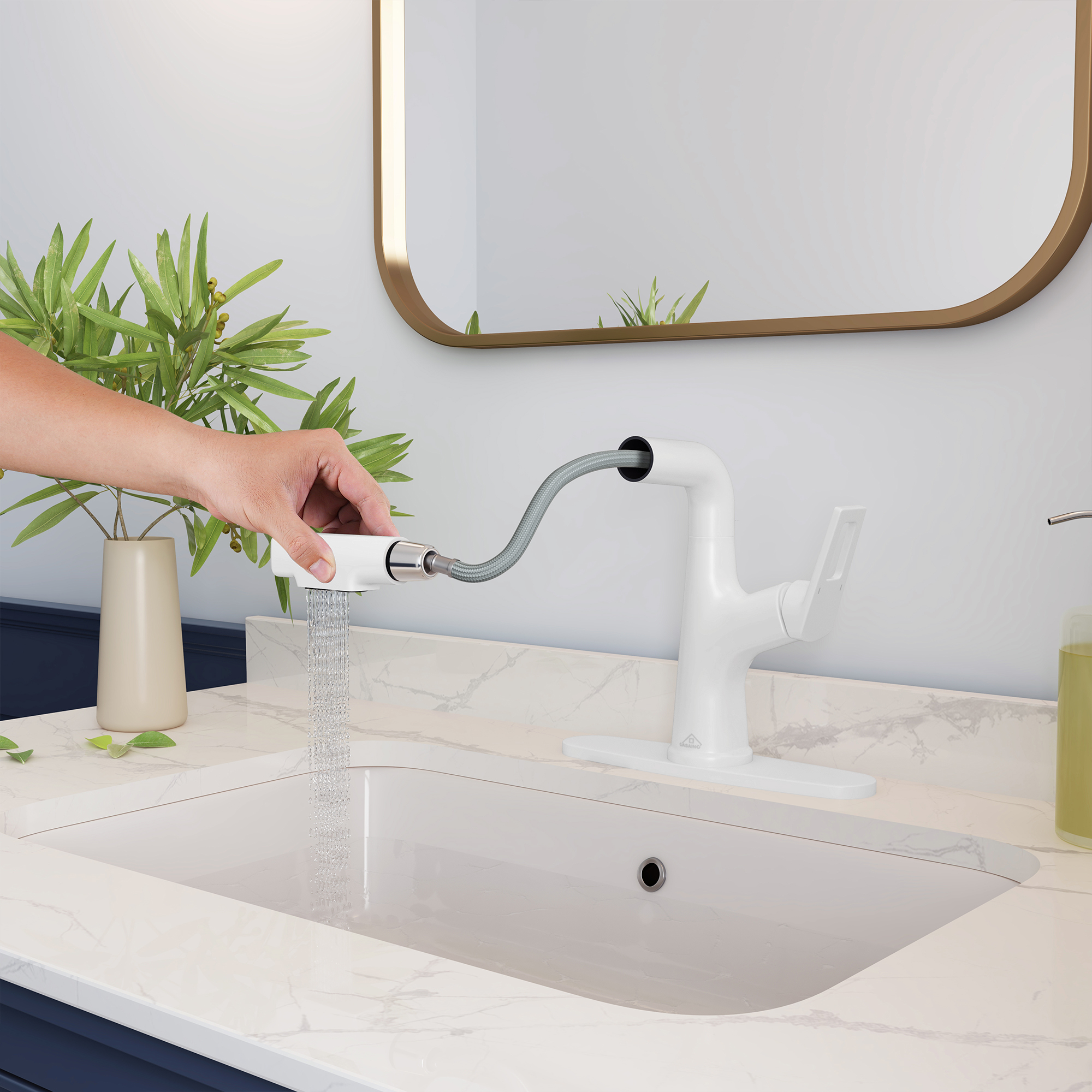 Single Handle Single Hole Bathroom Faucet with Pull-Out Sprayer and Deckplate included in Brushed Gold/Matte Black/Matte White