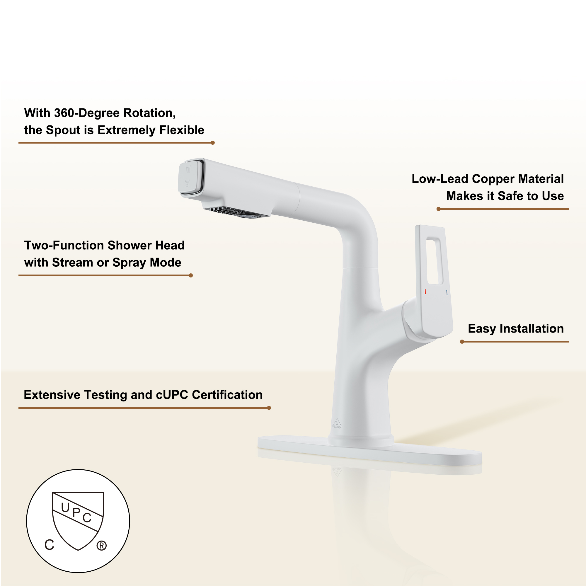 Single Handle Single Hole Bathroom Faucet with Pull-Out Sprayer and Deckplate included in Brushed Gold/Matte Black/Matte White