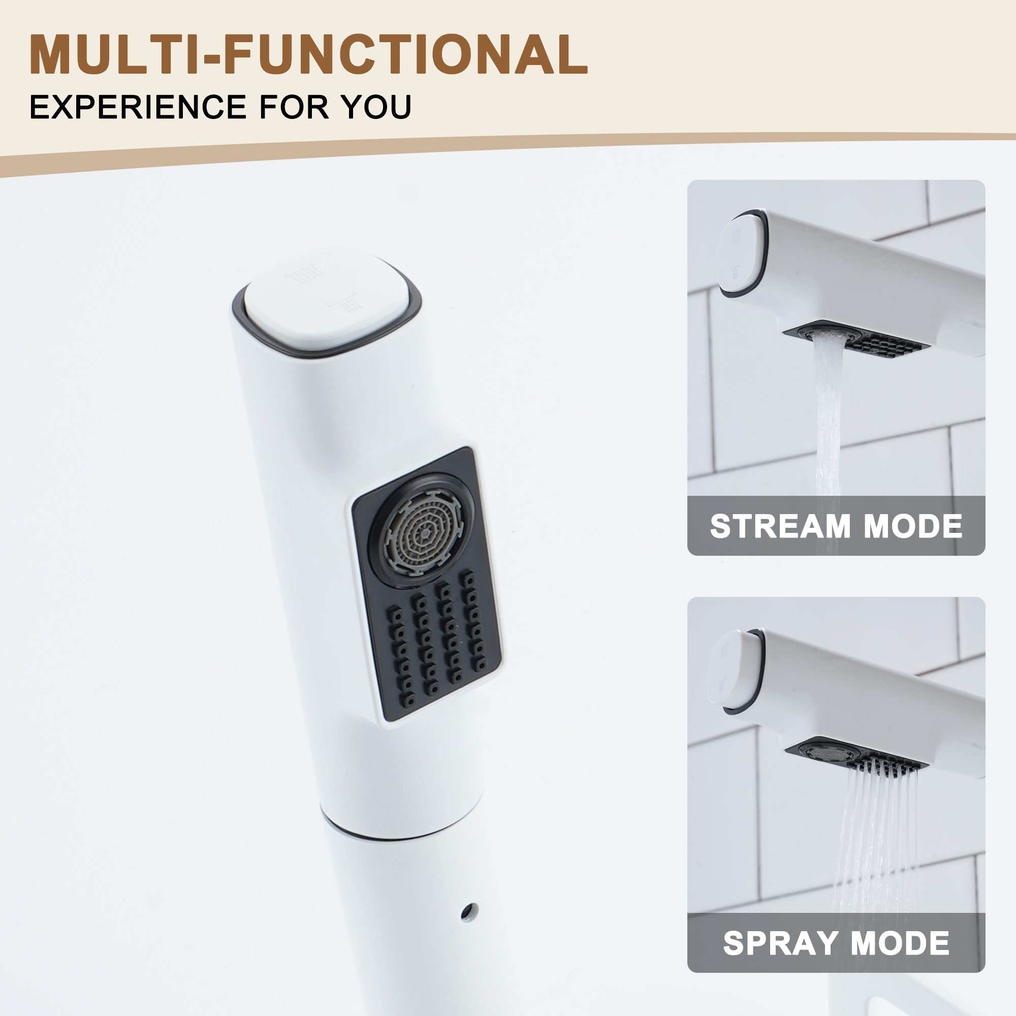 Single Handle Single Hole Bathroom Faucet with Pull-Out Sprayer and Deckplate included in Brushed Gold/Matte Black/Matte White