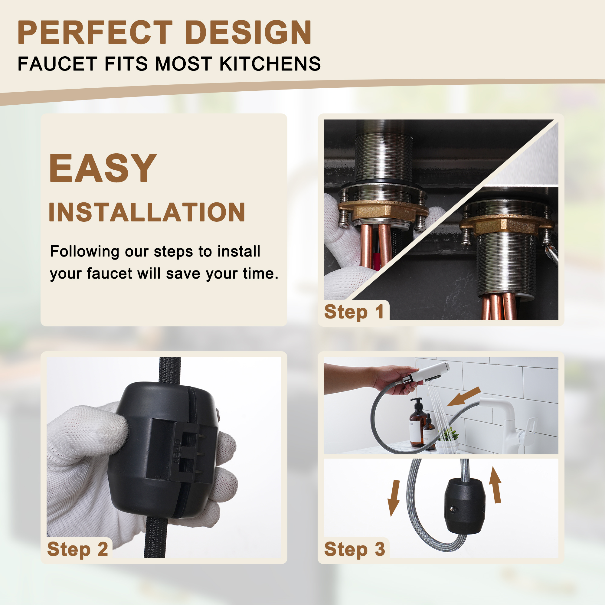 Single Handle Single Hole Bathroom Faucet with Pull-Out Sprayer and Deckplate included in Brushed Gold/Matte Black/Matte White