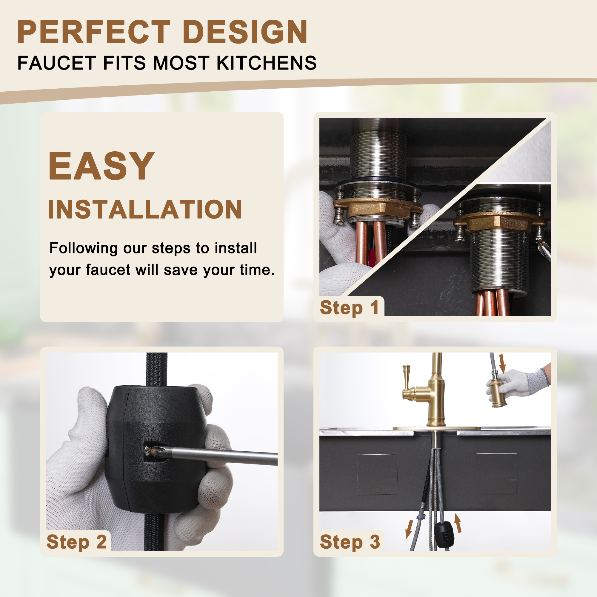 2-Spray Patterns Single Handle Pull Down Sprayer Kitchen Faucet with Deckplate and Water Supply Hoses in Brushed Gold/Brushed Nickel/Matte Black