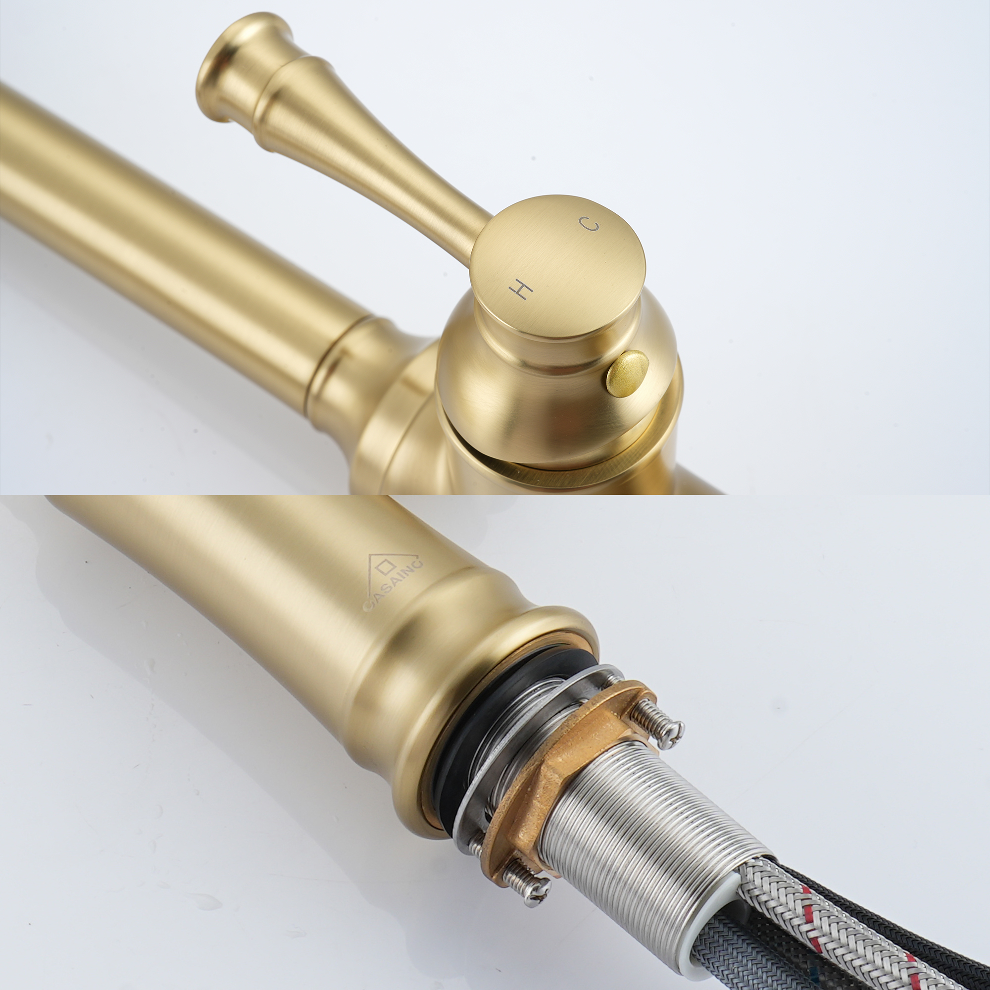 2-Spray Patterns Single Handle Pull Down Sprayer Kitchen Faucet with Deckplate and Water Supply Hoses in Brushed Gold/Brushed Nickel/Matte Black