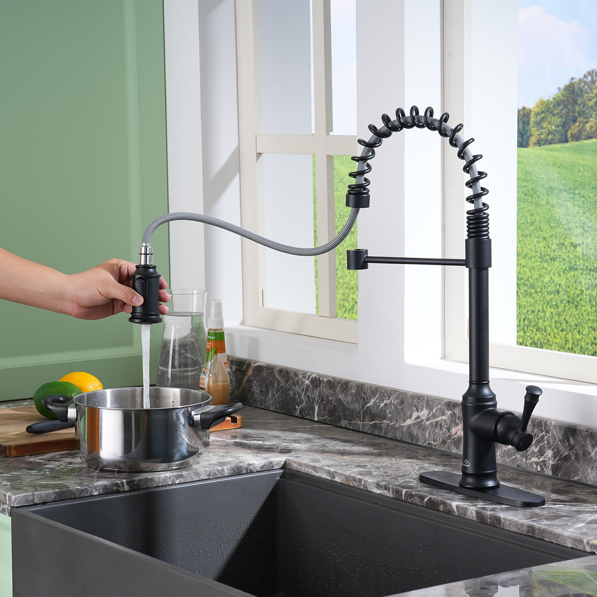 2-Spray Patterns Single Handle Pull Down Sprayer Kitchen Faucet with Deckplate and Water Supply Hoses in Brushed Gold/Brushed Nickel/Matte Black