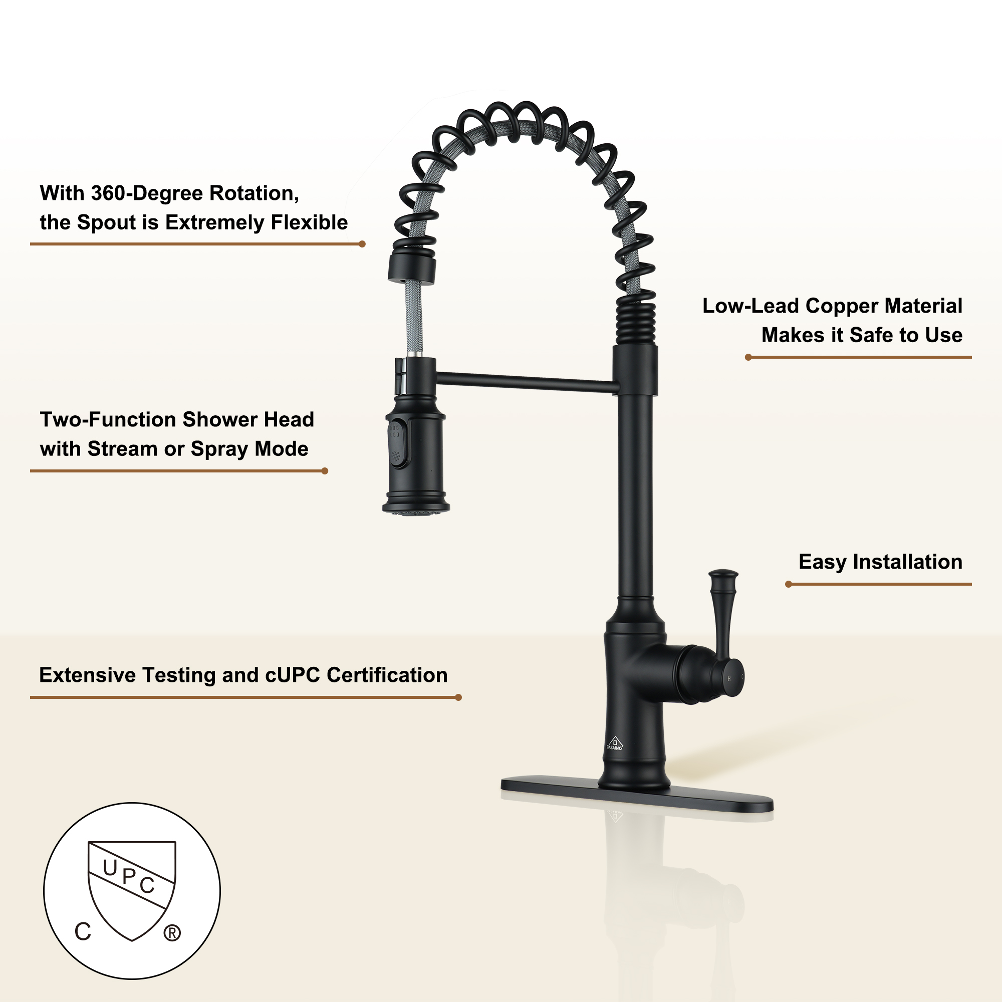 2-Spray Patterns Single Handle Pull Down Sprayer Kitchen Faucet with Deckplate and Water Supply Hoses in Brushed Gold/Brushed Nickel/Matte Black