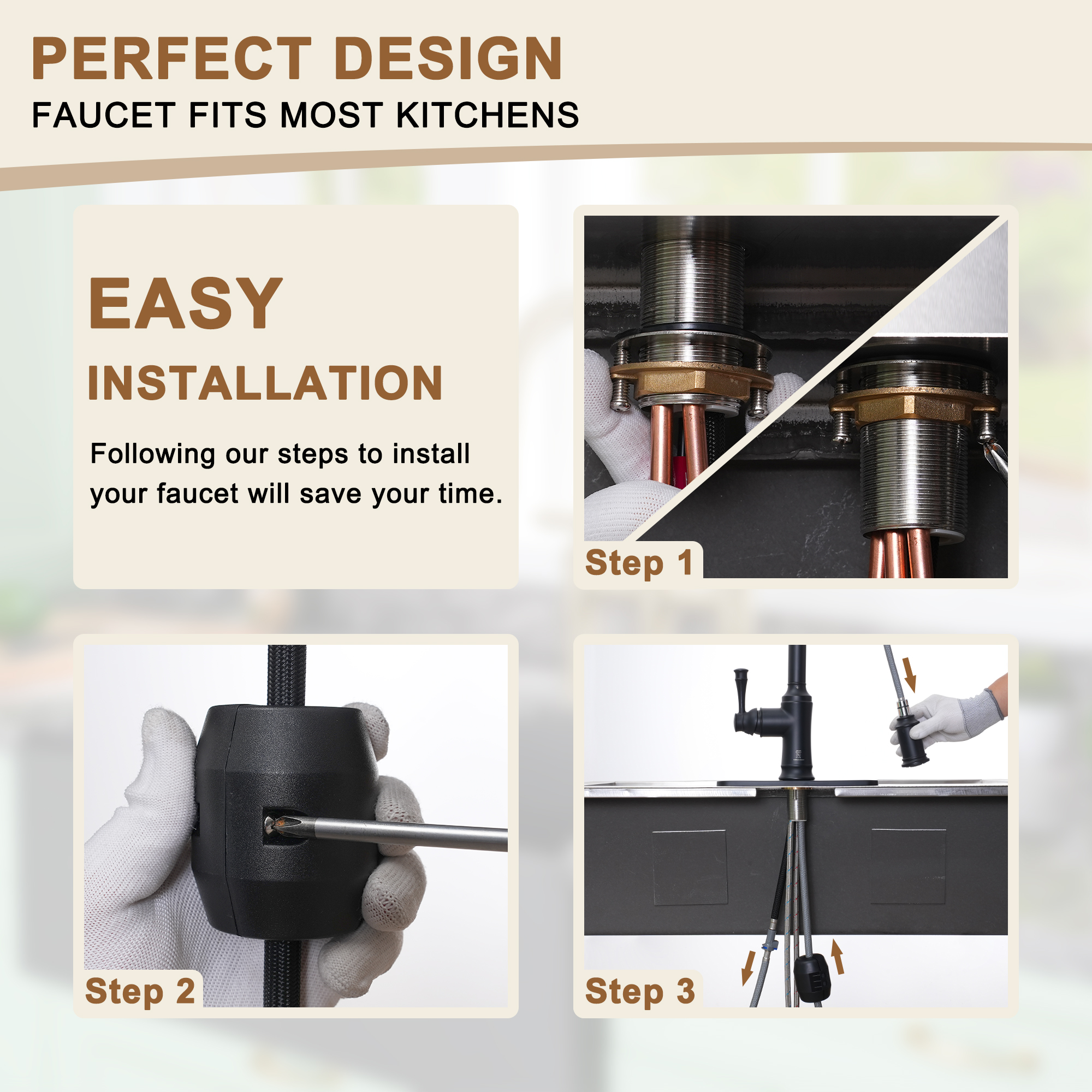 2-Spray Patterns Single Handle Pull Down Sprayer Kitchen Faucet with Deckplate and Water Supply Hoses in Brushed Gold/Brushed Nickel/Matte Black