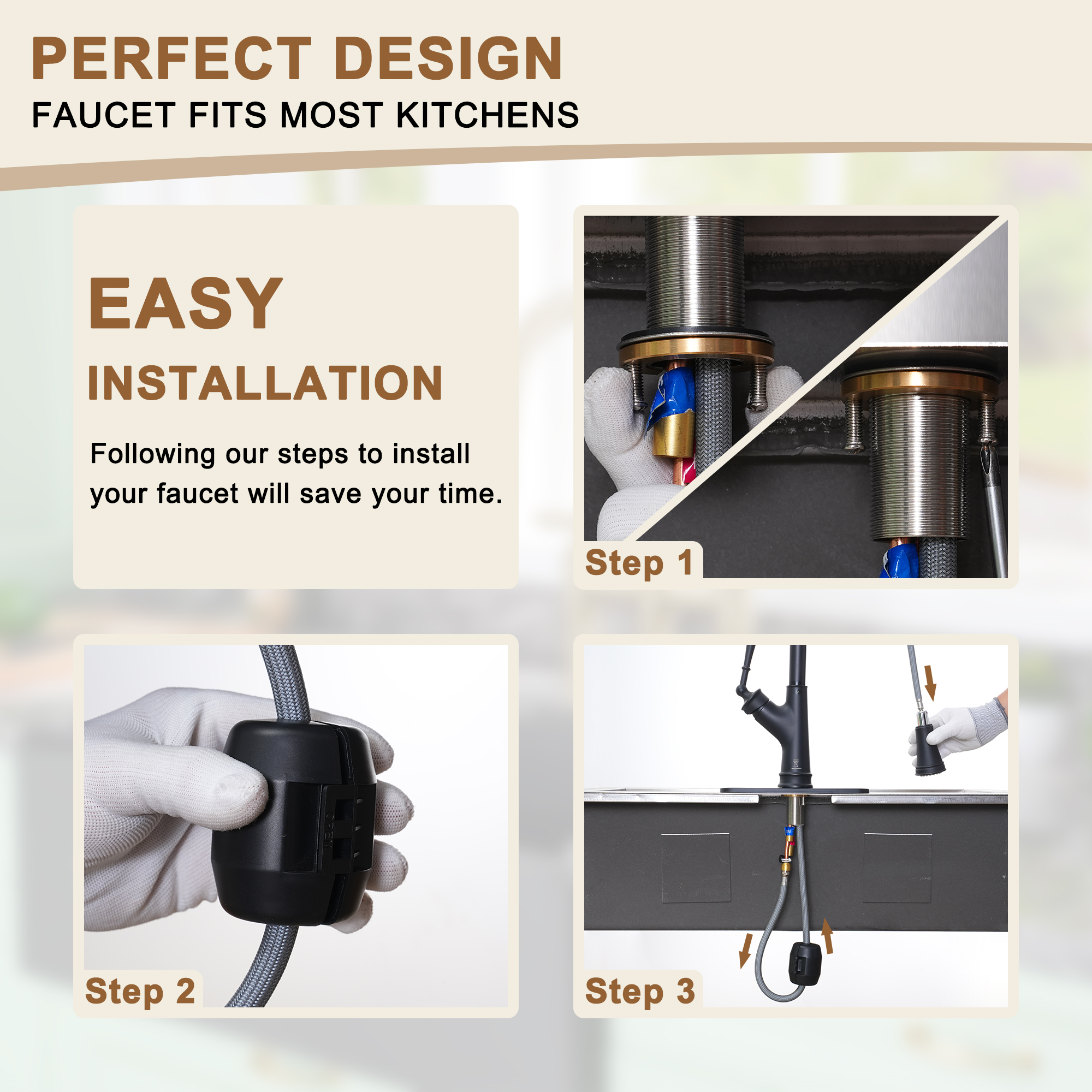 Single-Handle Kitchen Faucet with Pull-Out Sprayer in Brushed Nickel/Matte Black/Brushed Gold