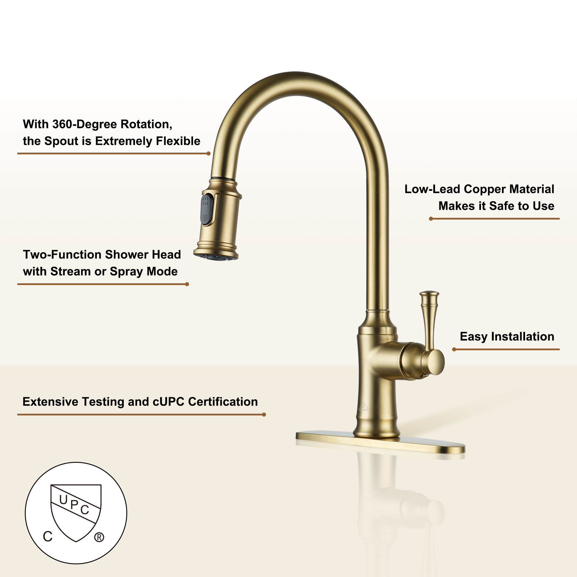 Single Handle Pull Out Sprayer Kitchen Faucet High Arc with Pull Down Sprayer head, Deckplate Included in Brushed Nickel/Matte Black/Brushed Gold