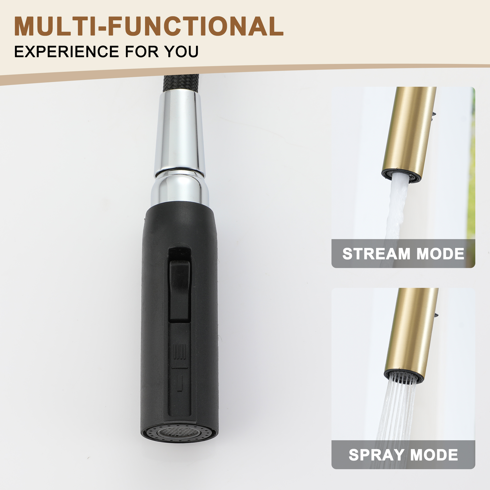 Single Handle Pull-Down Sprayer Kitchen Faucet with Dual-Function Pull out Sprayer head, Stainless Steel in Brushed Nickel/Matte Black/Brushed Gold