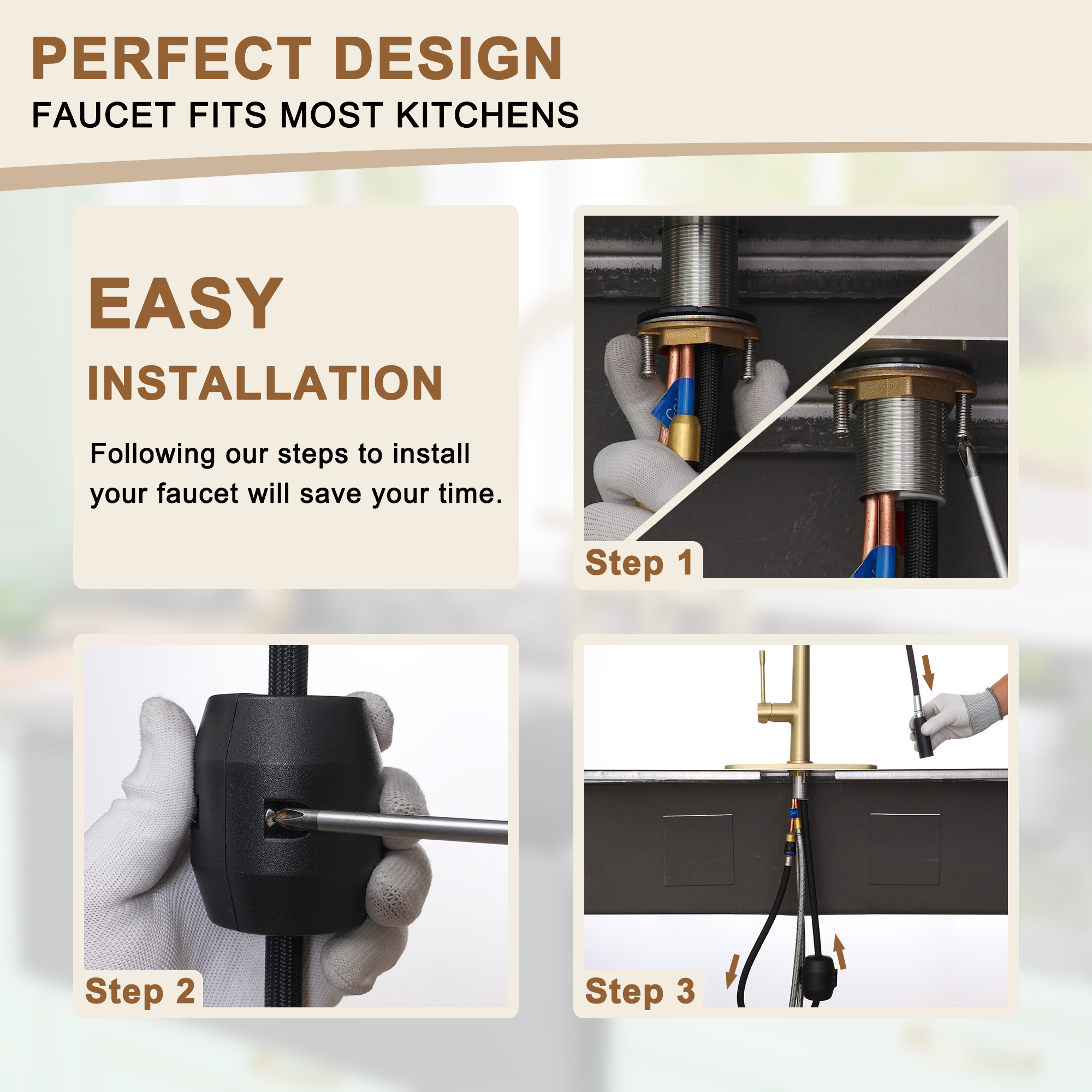 Single Handle Pull-Down Sprayer Kitchen Faucet with Dual-Function Pull out Sprayer head, Stainless Steel in Brushed Nickel/Matte Black/Brushed Gold