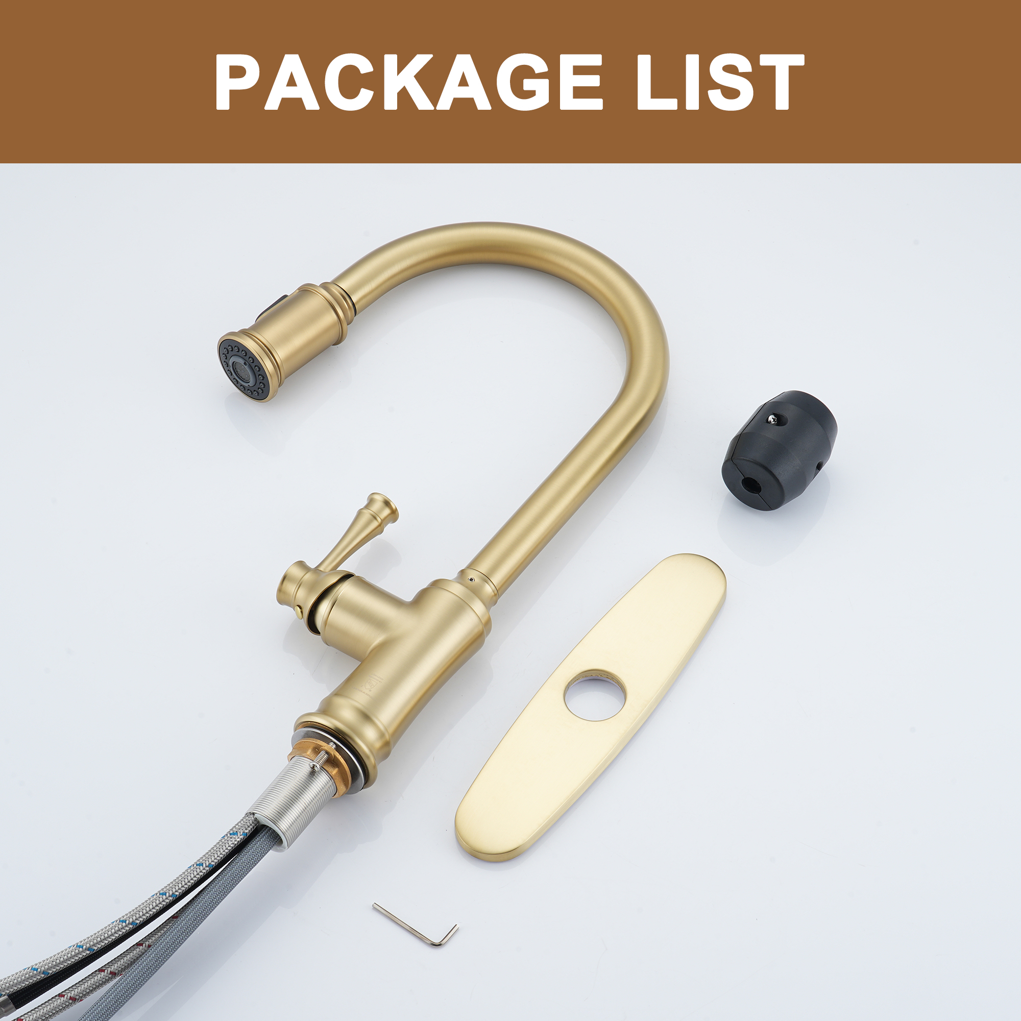 Single Handle Pull Out Sprayer Kitchen Faucet High Arc with Pull Down Sprayer head, Deckplate Included in Brushed Nickel/Matte Black/Brushed Gold