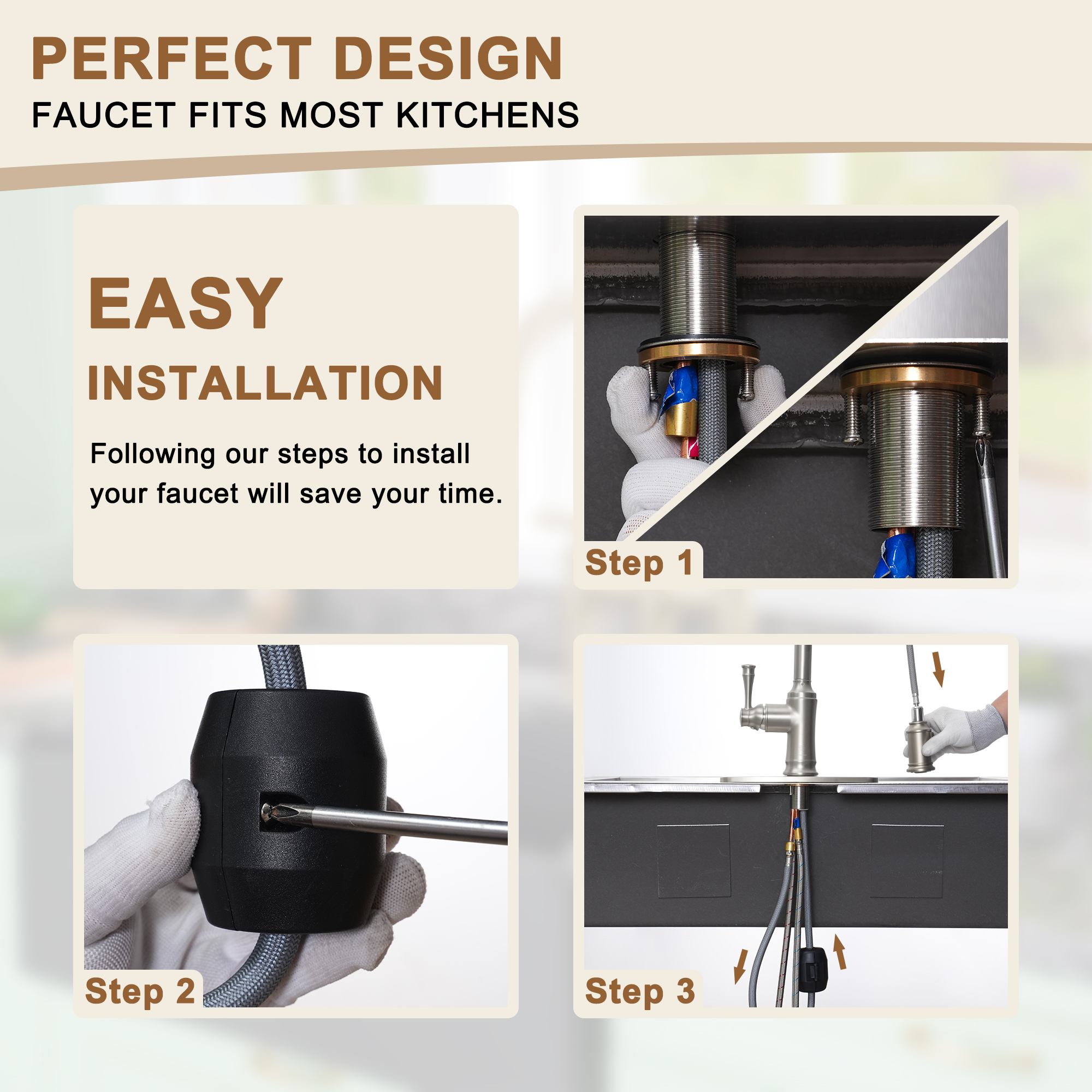 Single Handle Pull Out Sprayer Kitchen Faucet High Arc with Pull Down Sprayer head, Deckplate Included in Brushed Nickel/Matte Black/Brushed Gold