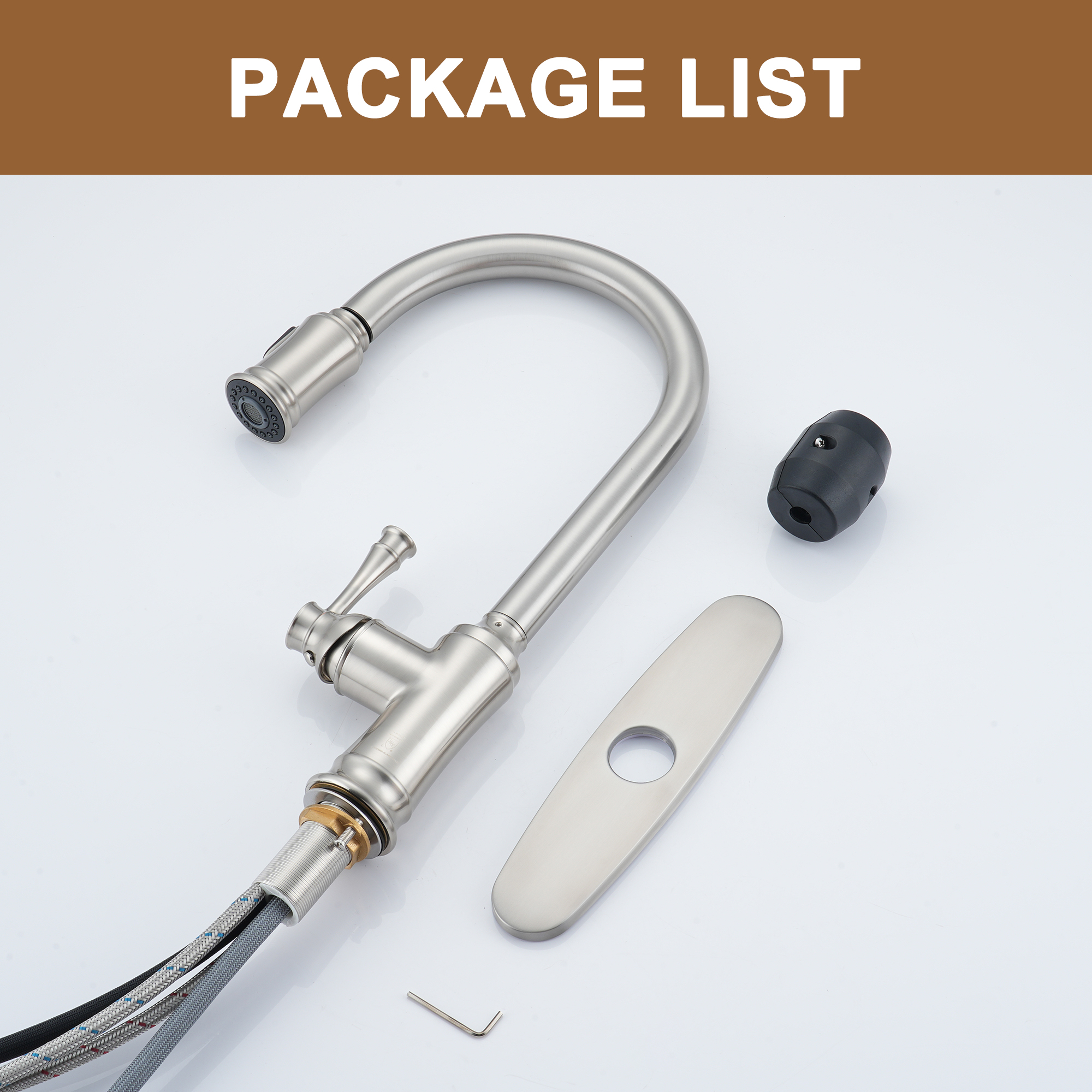 Single Handle Pull Out Sprayer Kitchen Faucet High Arc with Pull Down Sprayer head, Deckplate Included in Brushed Nickel/Matte Black/Brushed Gold