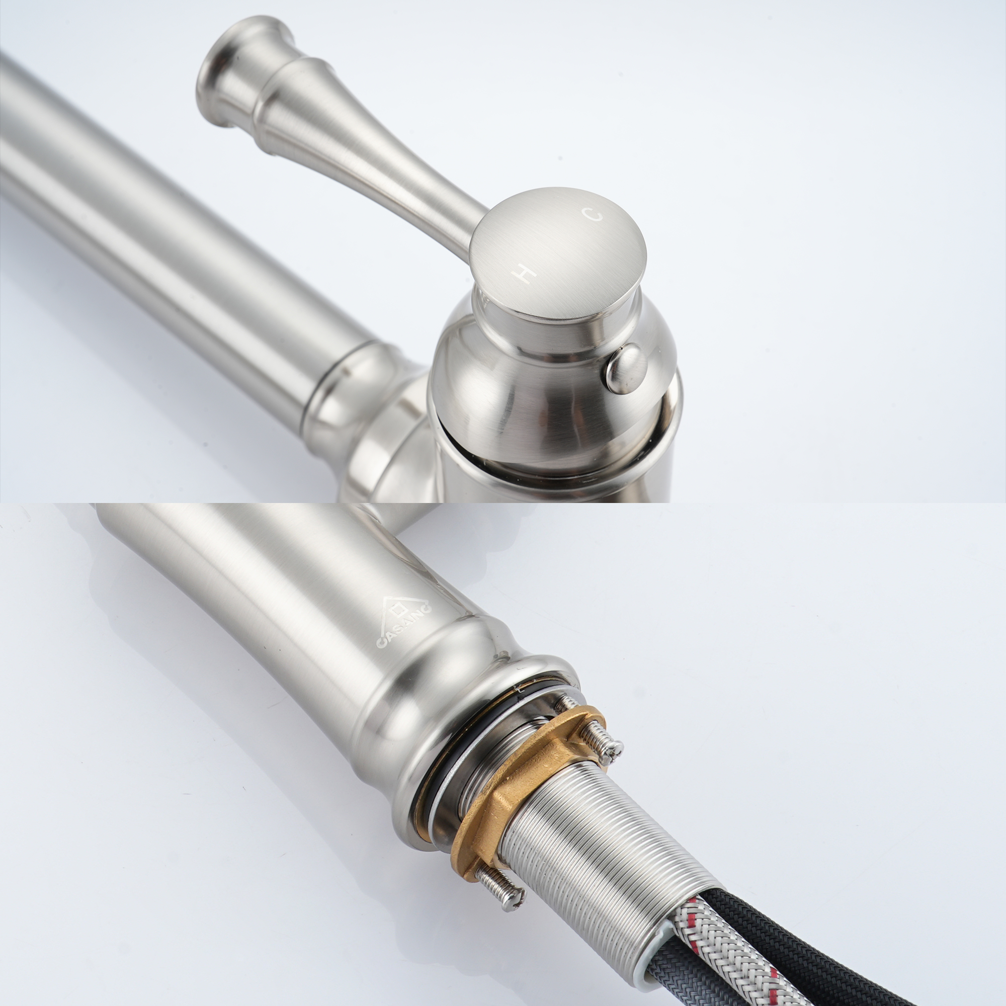 Single Handle Pull Out Sprayer Kitchen Faucet High Arc with Pull Down Sprayer head, Deckplate Included in Brushed Nickel/Matte Black/Brushed Gold