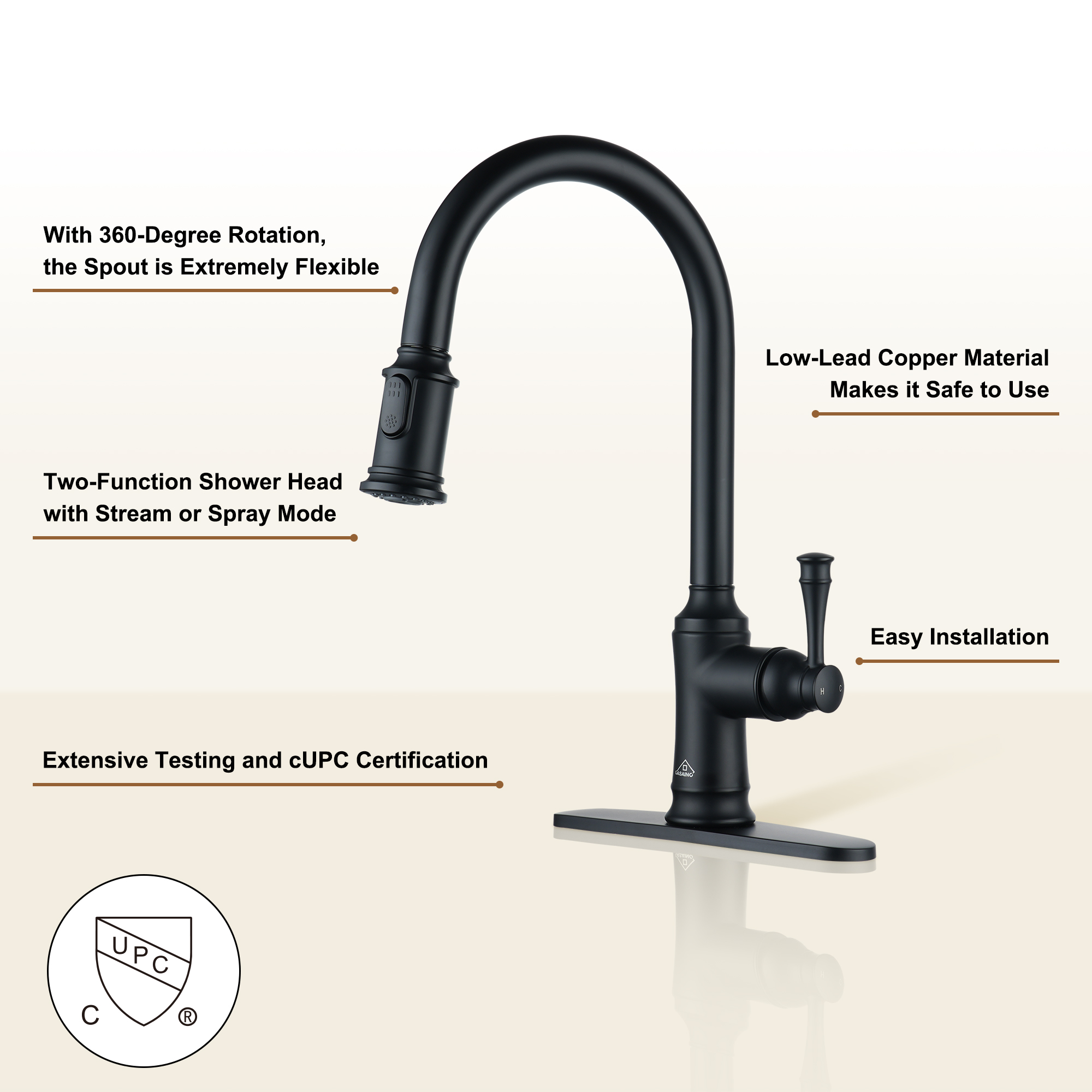 Single Handle Pull Out Sprayer Kitchen Faucet High Arc with Pull Down Sprayer head, Deckplate Included in Brushed Nickel/Matte Black/Brushed Gold