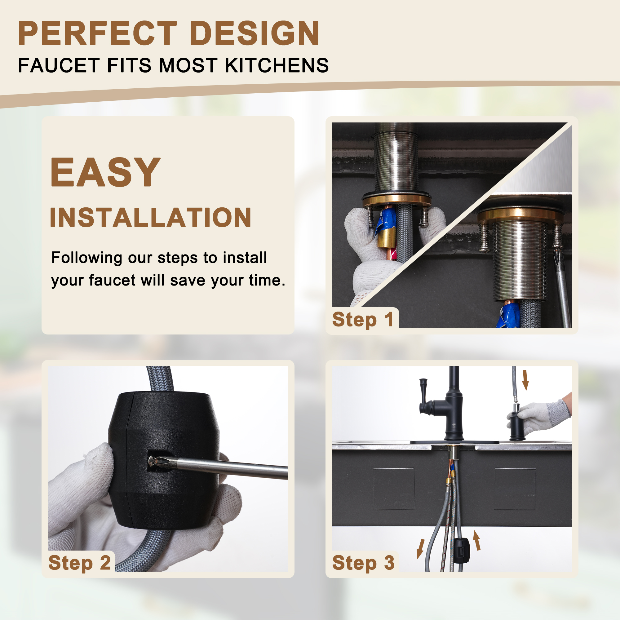 Single Handle Pull Out Sprayer Kitchen Faucet High Arc with Pull Down Sprayer head, Deckplate Included in Brushed Nickel/Matte Black/Brushed Gold