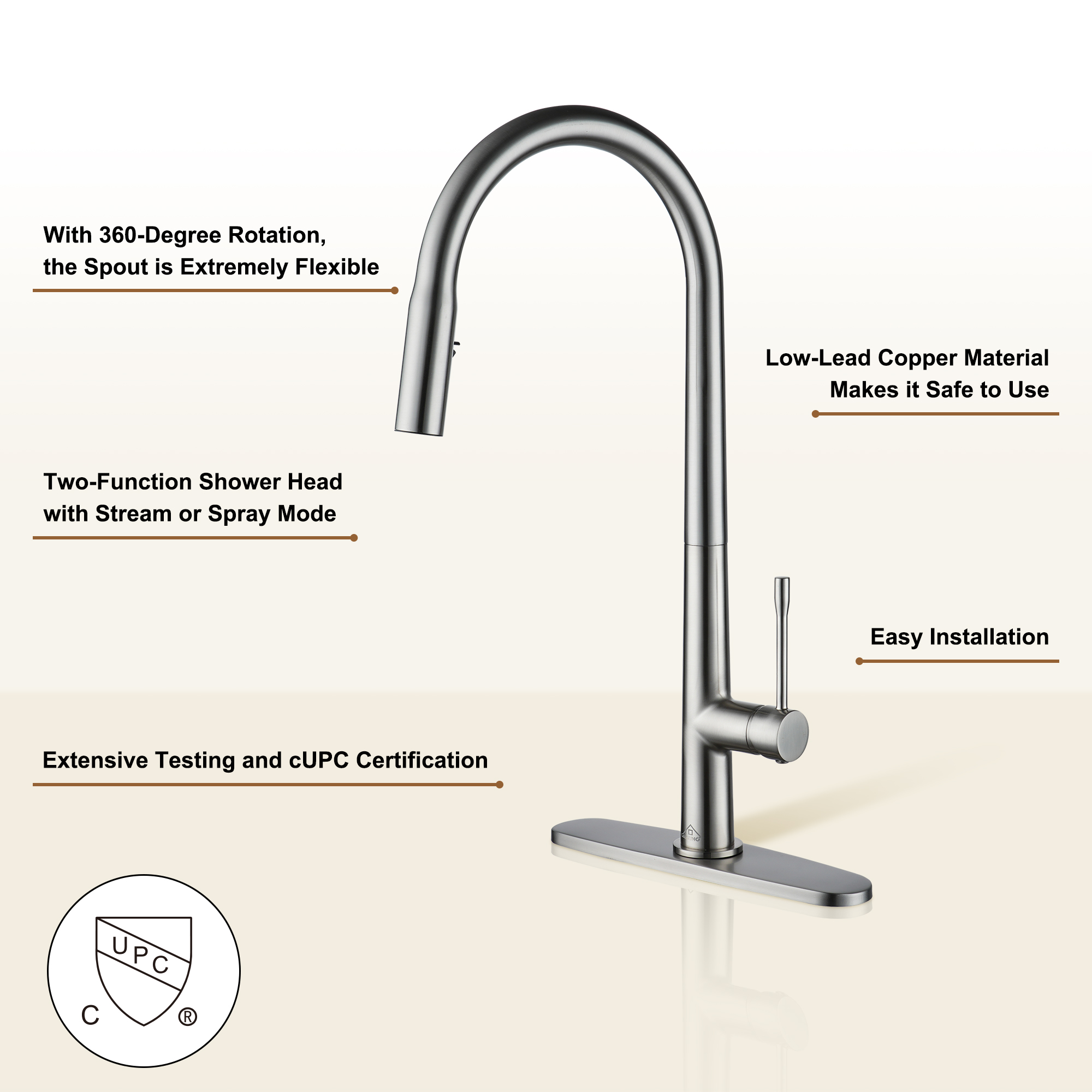 Single Handle Pull-Down Sprayer Kitchen Faucet with Dual-Function Pull out Sprayer head, Stainless Steel in Brushed Nickel/Matte Black/Brushed Gold