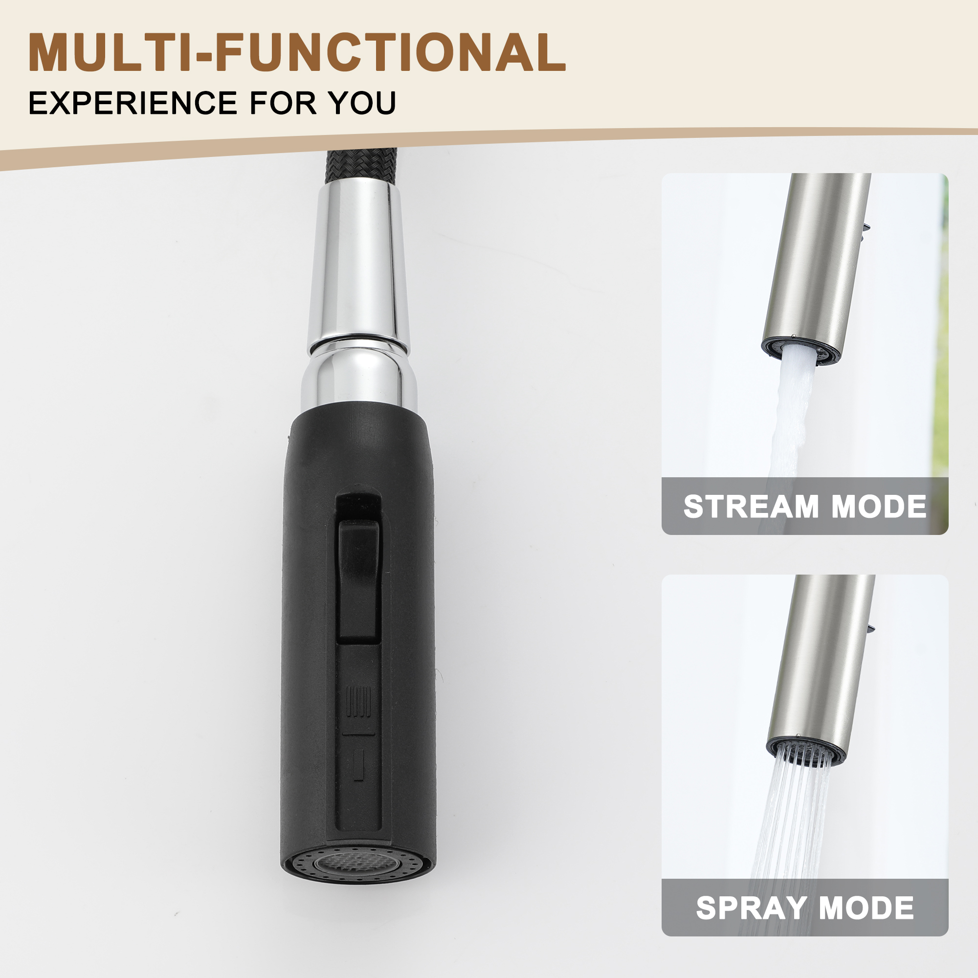 Single Handle Pull-Down Sprayer Kitchen Faucet with Dual-Function Pull out Sprayer head, Stainless Steel in Brushed Nickel/Matte Black/Brushed Gold