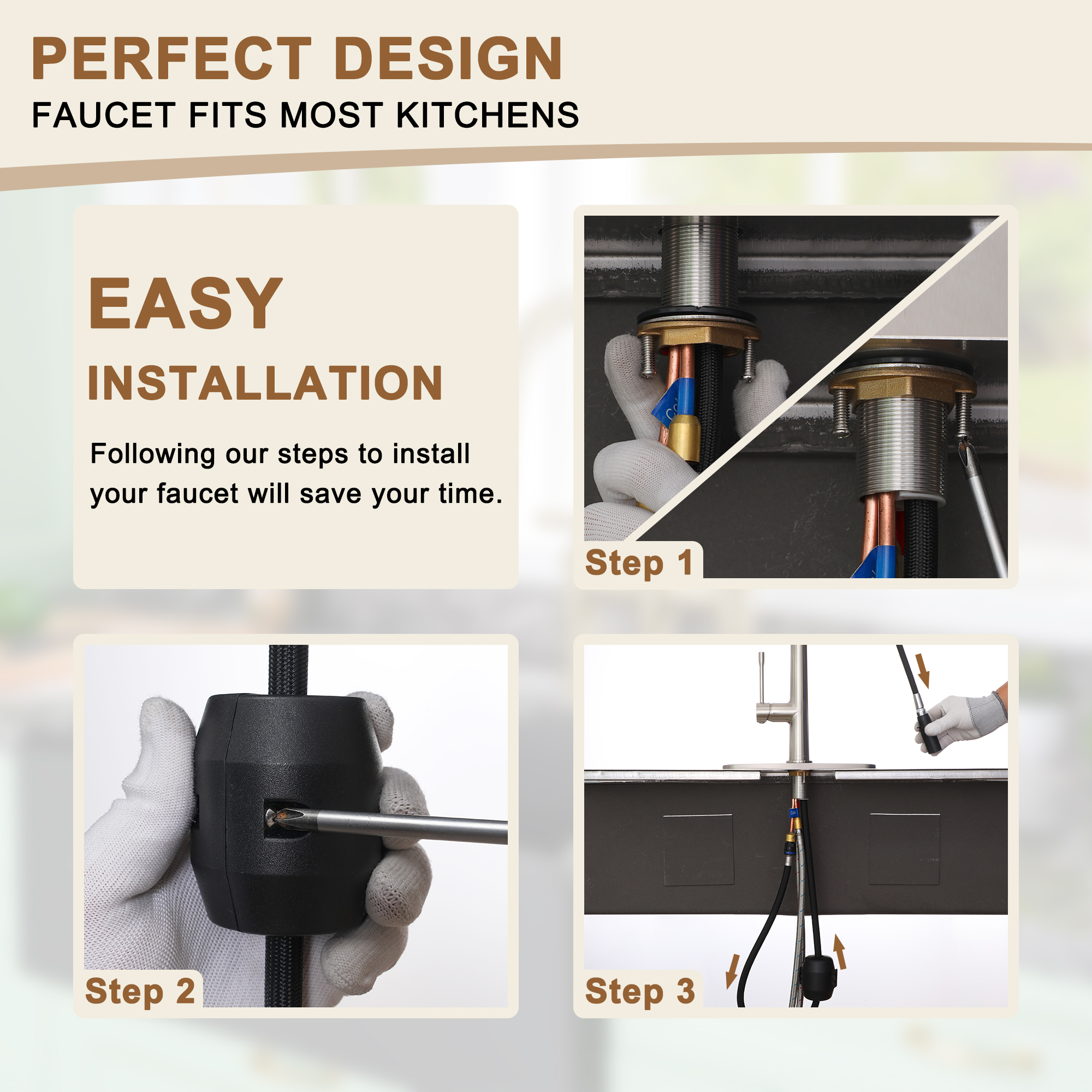 Single Handle Pull-Down Sprayer Kitchen Faucet with Dual-Function Pull out Sprayer head, Stainless Steel in Brushed Nickel/Matte Black/Brushed Gold