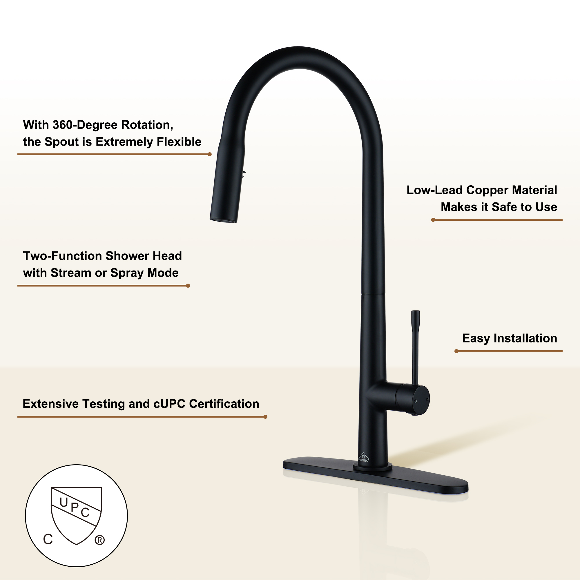 Single Handle Pull-Down Sprayer Kitchen Faucet with Dual-Function Pull out Sprayer head, Stainless Steel in Brushed Nickel/Matte Black/Brushed Gold