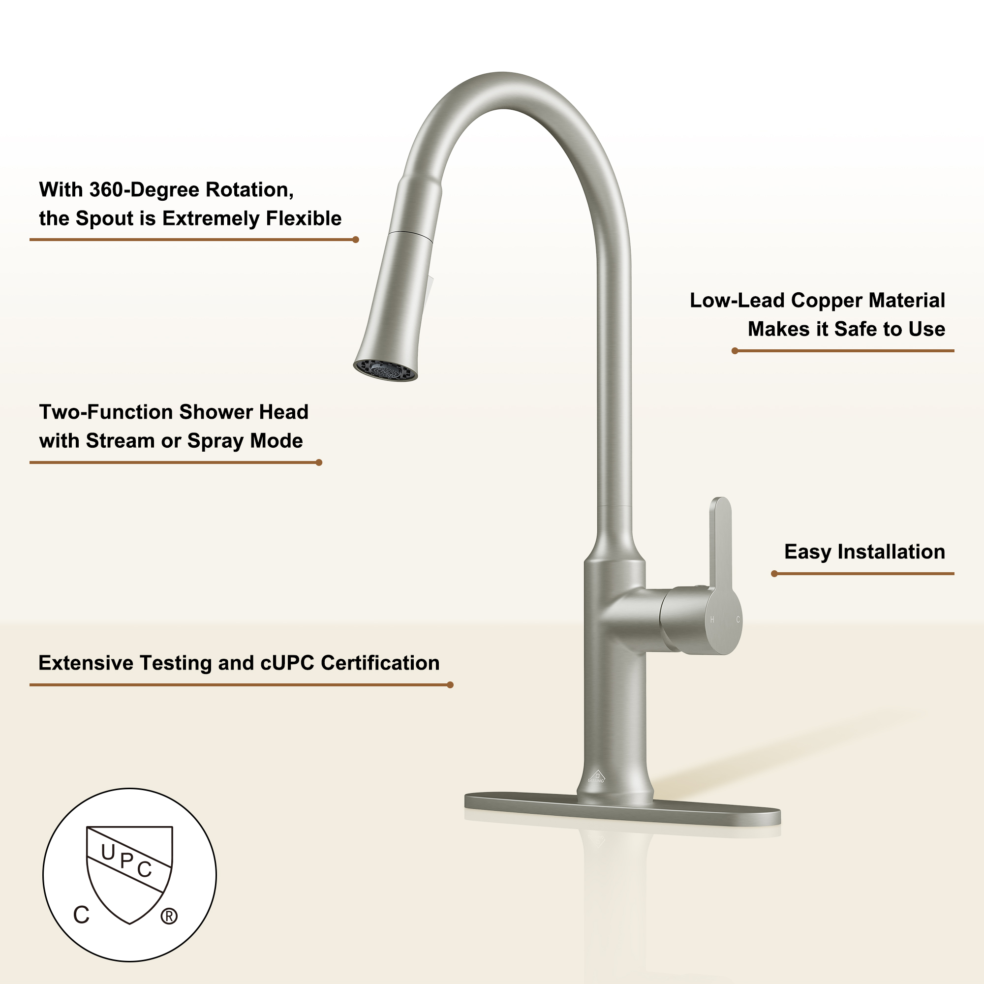 1.8 GPM Single-Handle Pull-Down Kitchen Faucet Single Hole Faucet Brushed Nickel/Matte Black/Brushed Gold