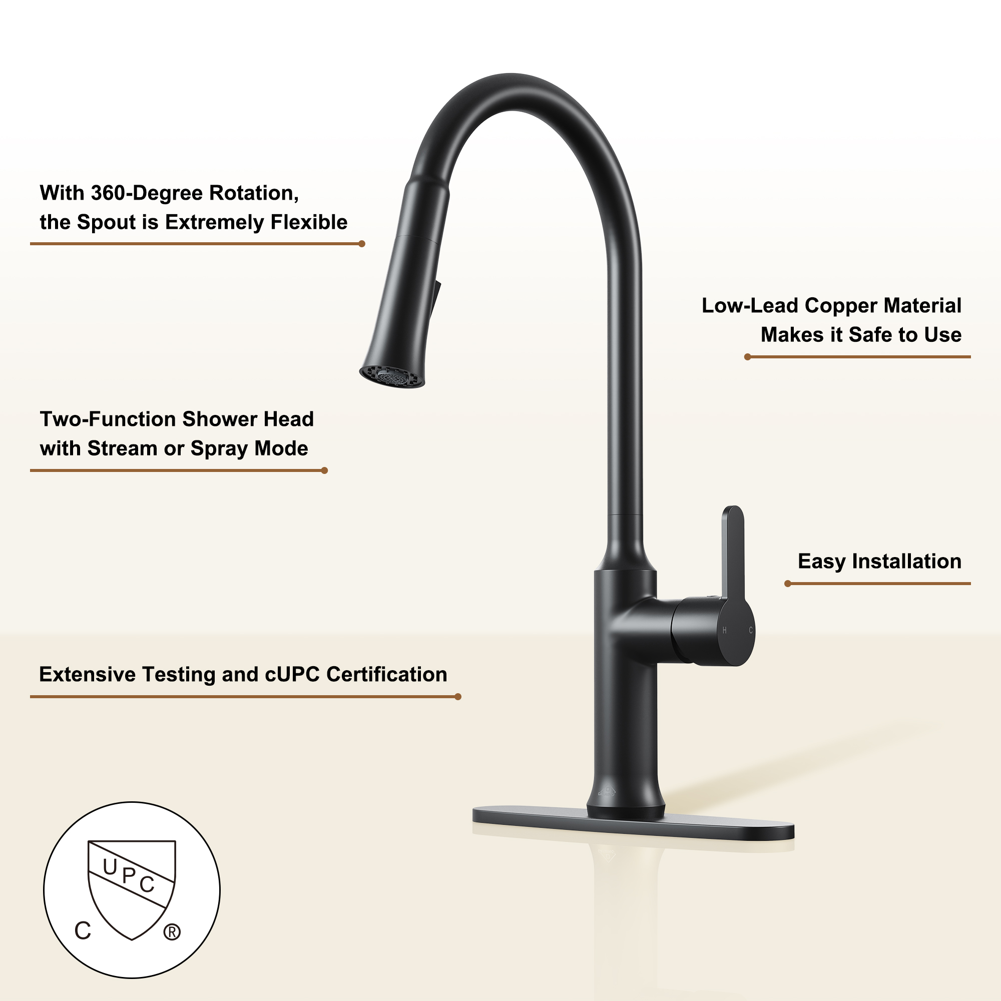 1.8 GPM Single-Handle Pull-Down Kitchen Faucet Single Hole Faucet Brushed Nickel/Matte Black/Brushed Gold