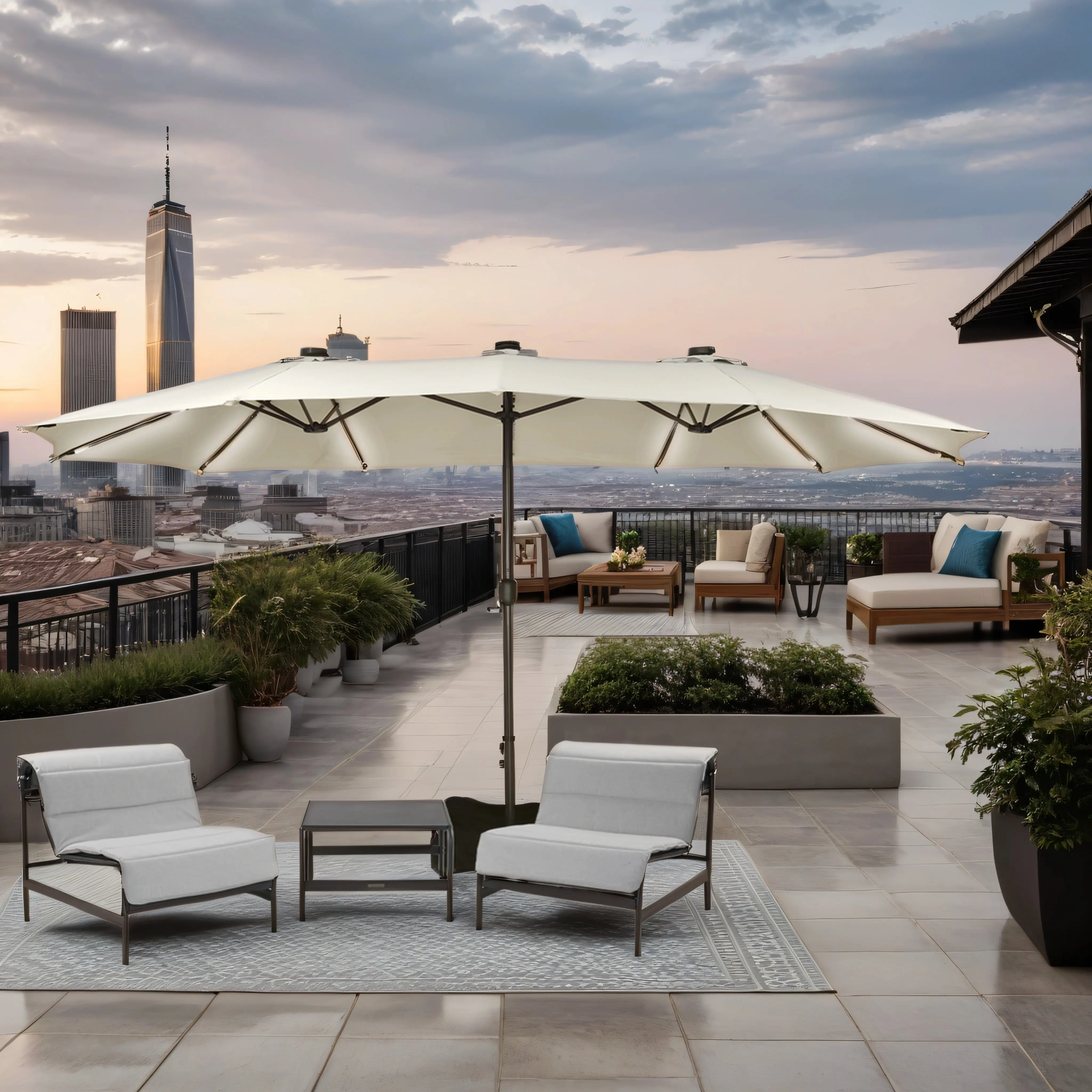 15ft Double-Sided Outdoor Umbrella with Solar String Lights & Base