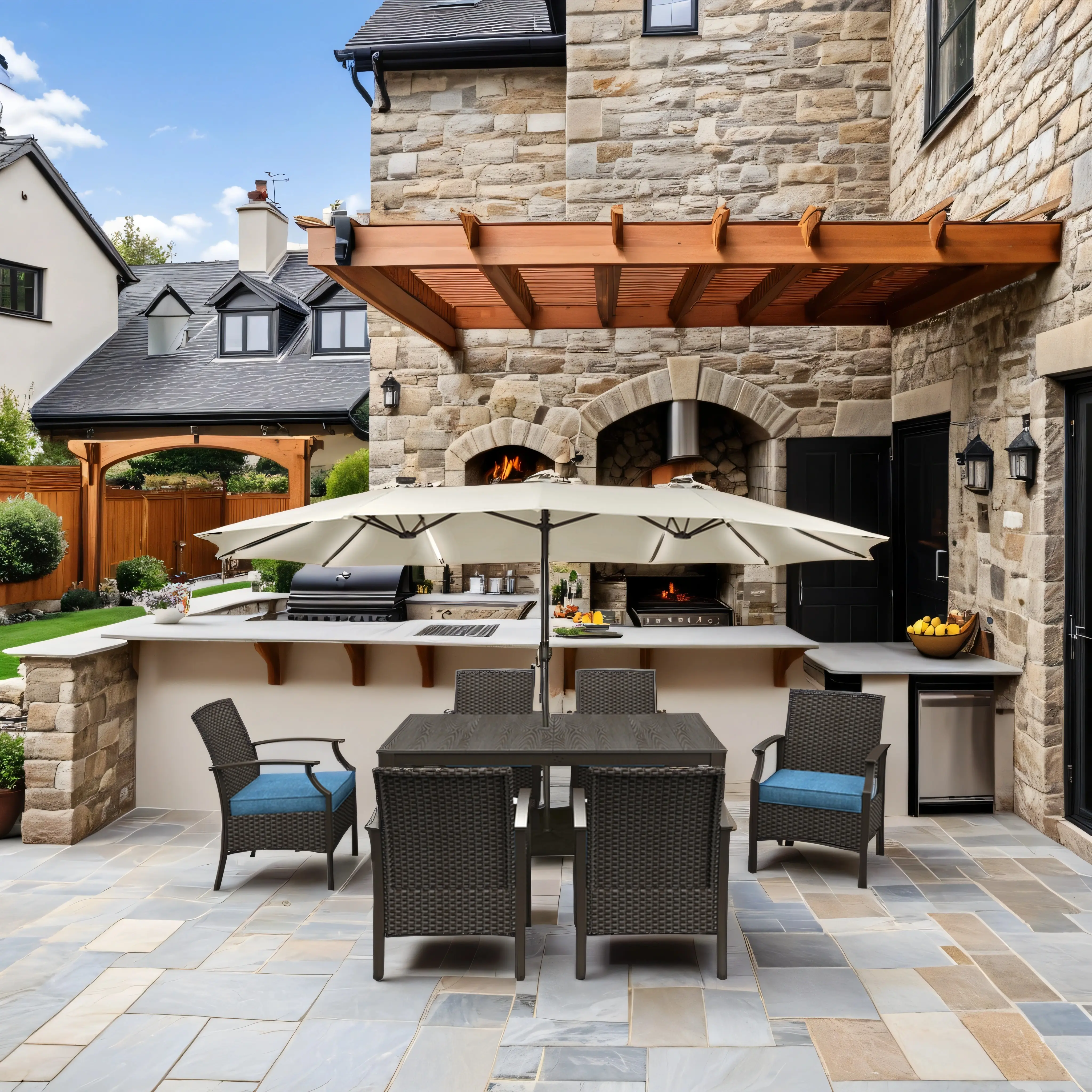 15ft Double-Sided Outdoor Umbrella with Solar String Lights & Base