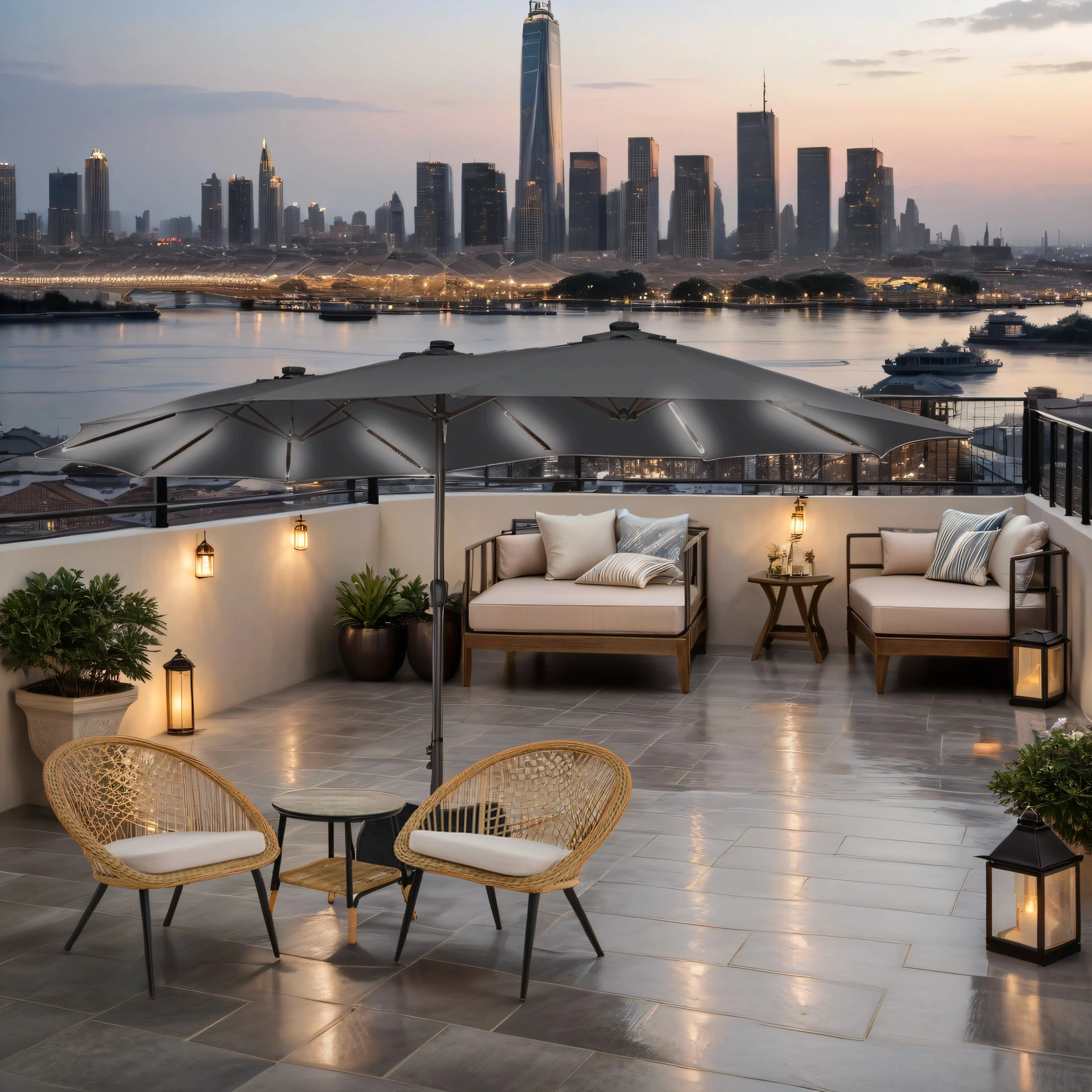 15ft Double-Sided Outdoor Umbrella with Solar String Lights & Base