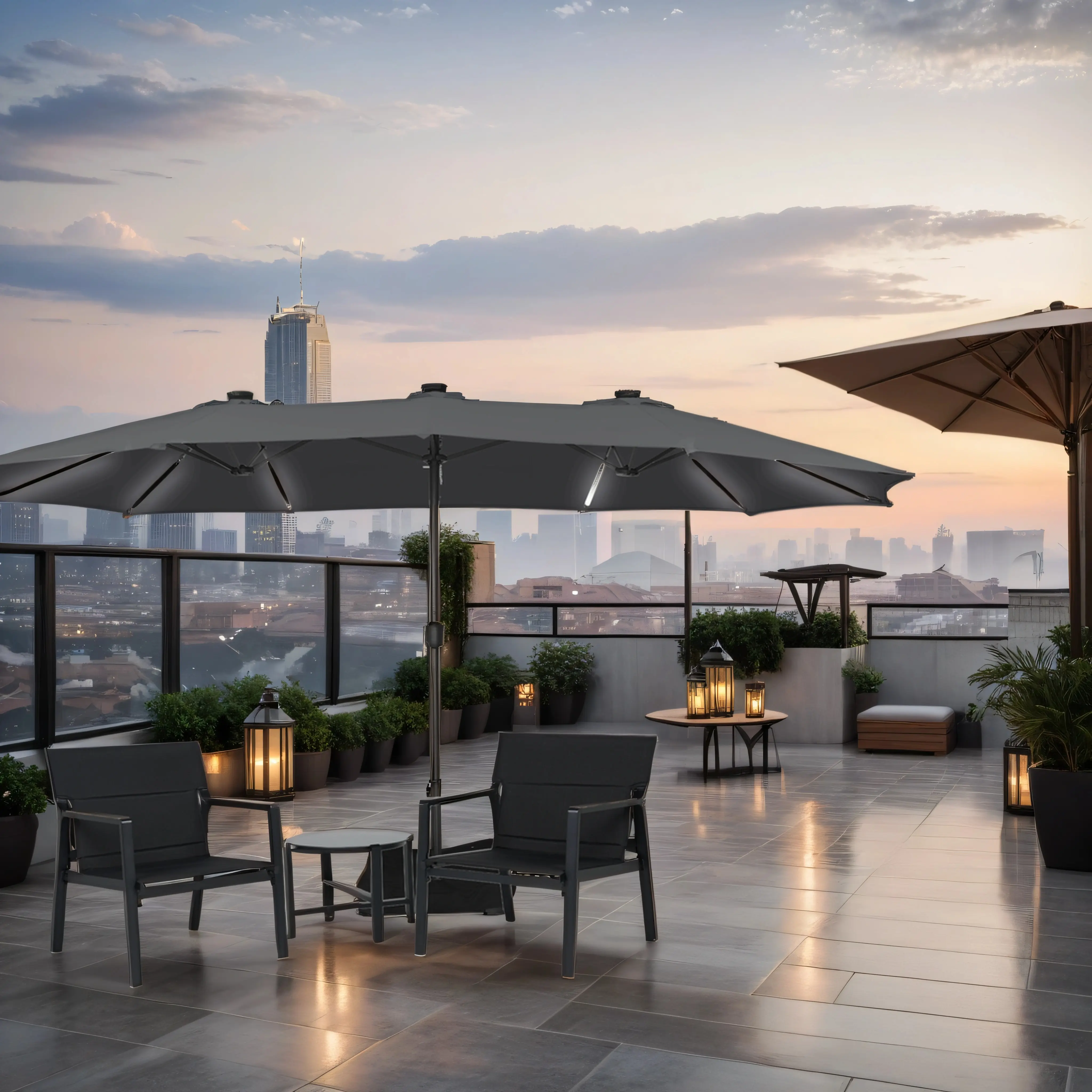 15ft Double-Sided Outdoor Umbrella with Solar String Lights & Base